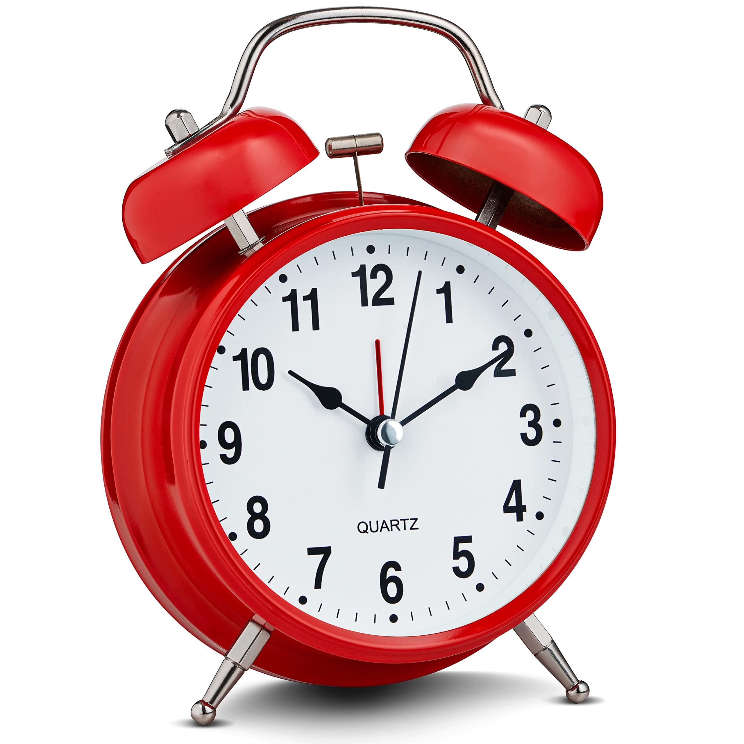 Bernhard Products Analog Alarm Clock 4 Twin Bell Vintage Red Silent Non-Ticking Quartz Battery Operated Extra Loud with Backligh