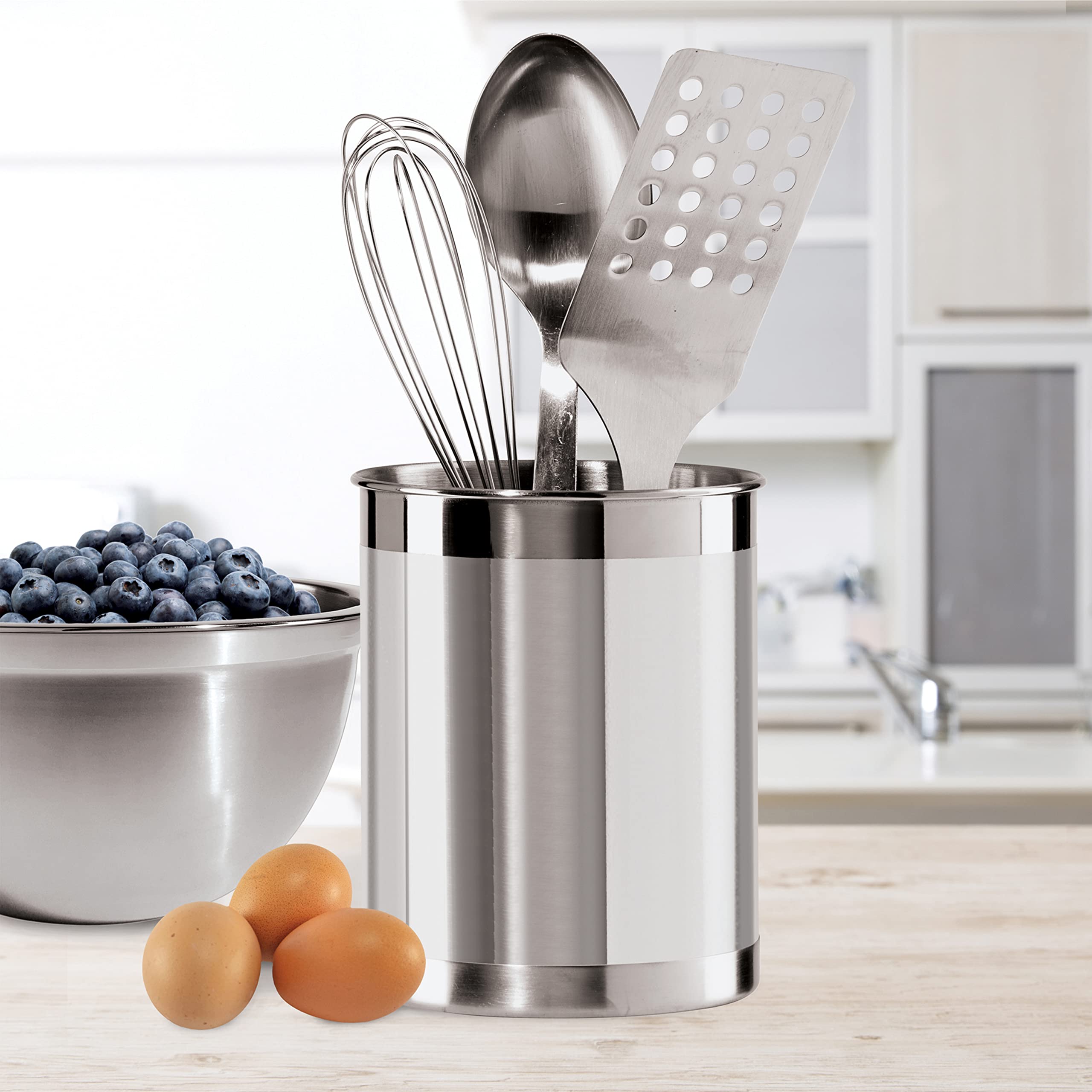 Oggi Stainless Steel Utensil Holder - 5'' Diameter, Utensil Caddy, Weighted Base For Stability - Larger-Sized Utensil Crock And
