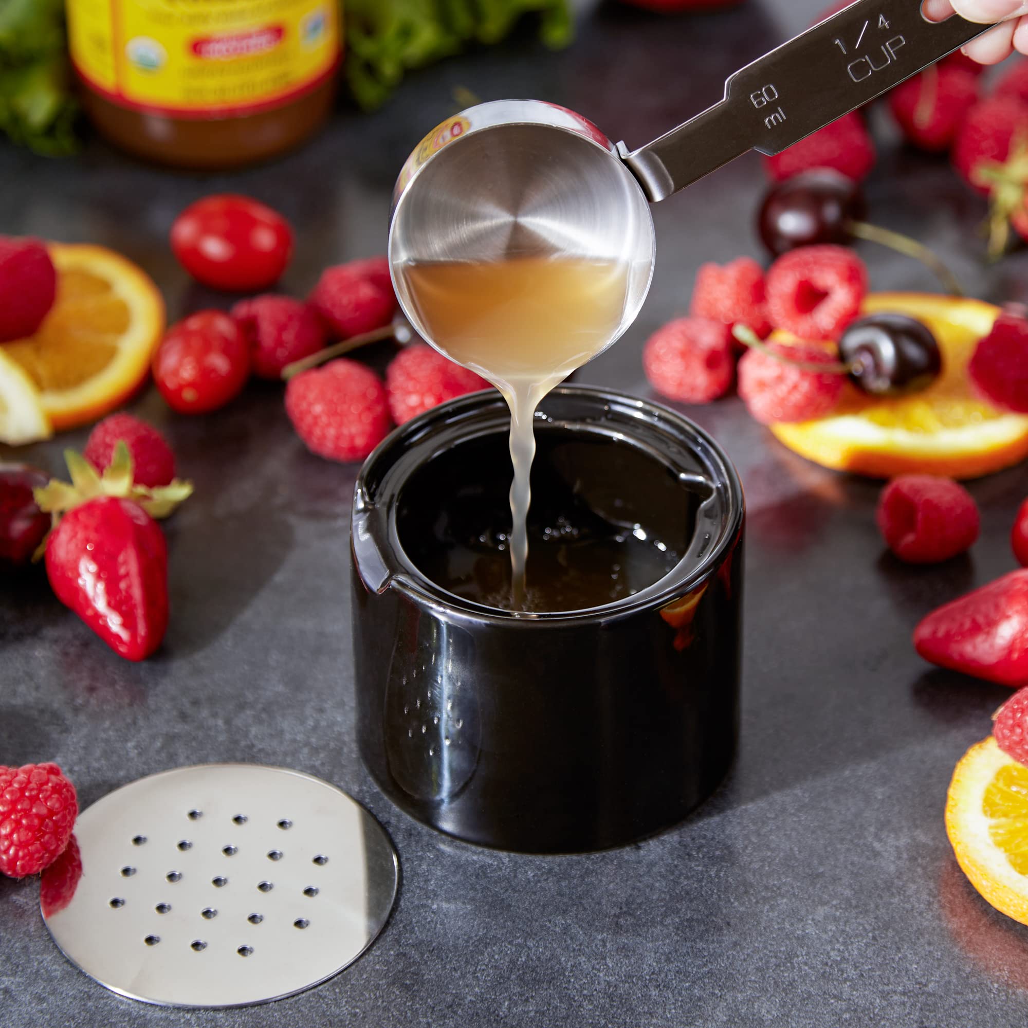 Rsvp Endurance Kitchen Collection Ceramic Fruit Fly Trap, Stainless Steel Lid, Dishwasher Safe, 3.25X3.5X4 Inch, Black