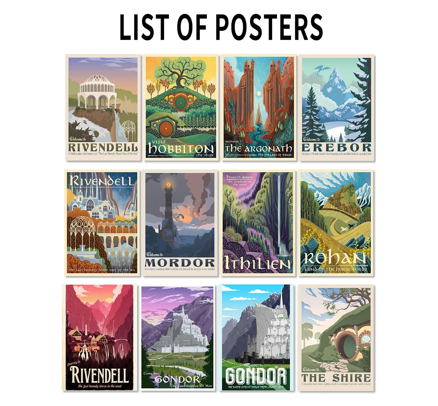 Liaumo 12Pcs Travel Middle Earth Landscape Posters, Nordic Painting Wall Art Collage Kit, Home Bar Office Decal,Birthday Holiday