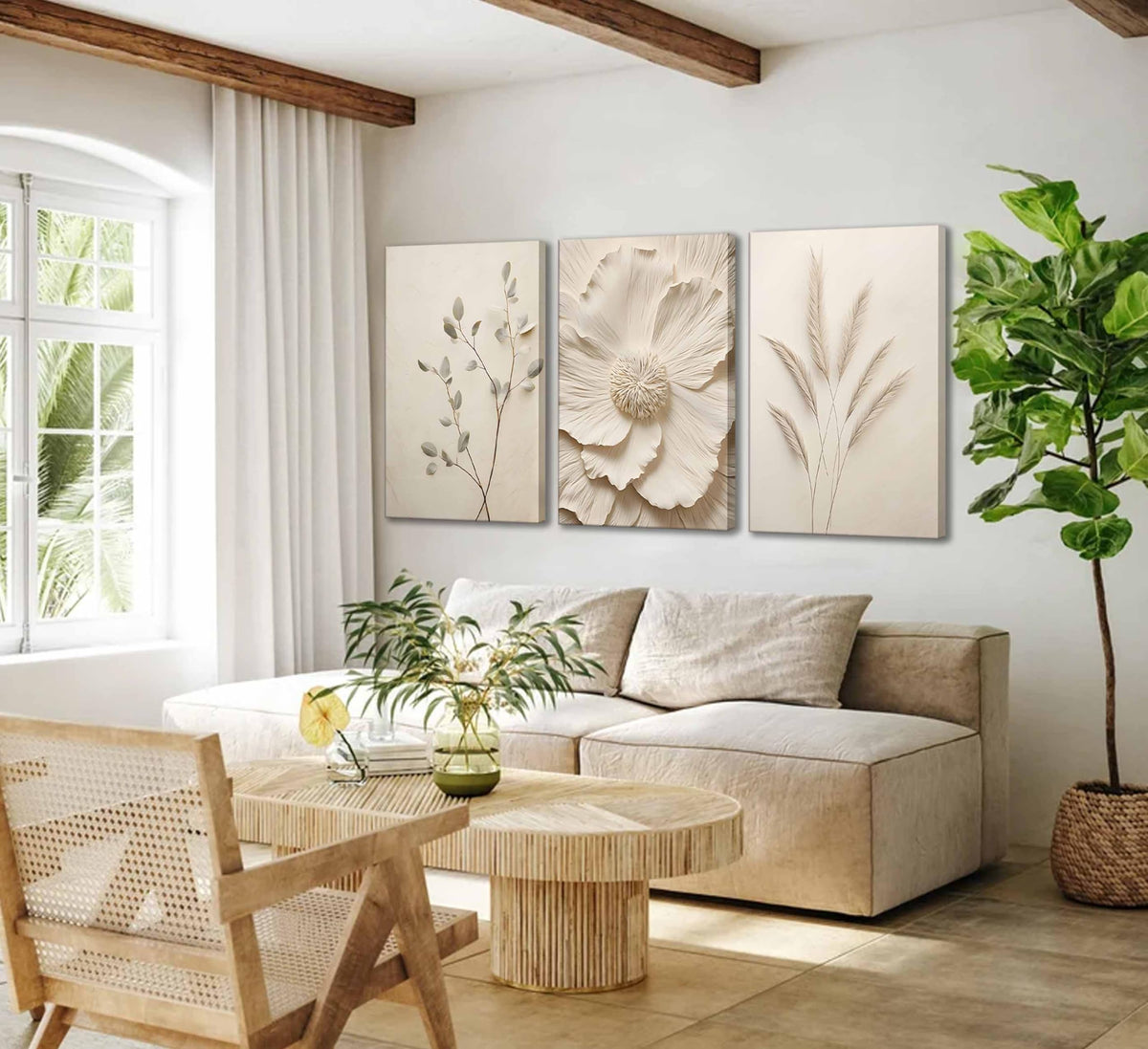 3Pcs Neutral Beige Floral Plant Canvas Wall Art Textured Flower Botani ...