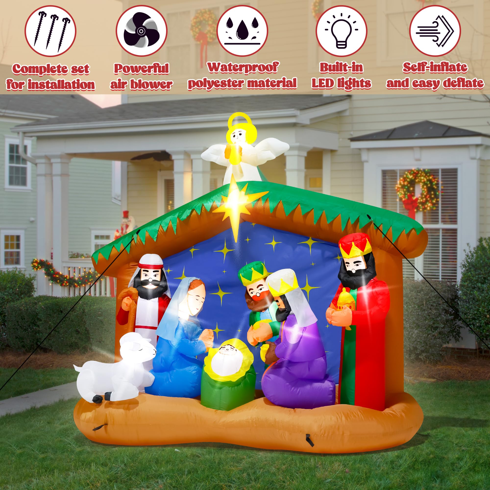 8FT Christmas Inflatables Nativity Scene, Blow Up Christmas Nativity Scene, LED Lighted The Birth of Jesus Scene Inflatables Dec