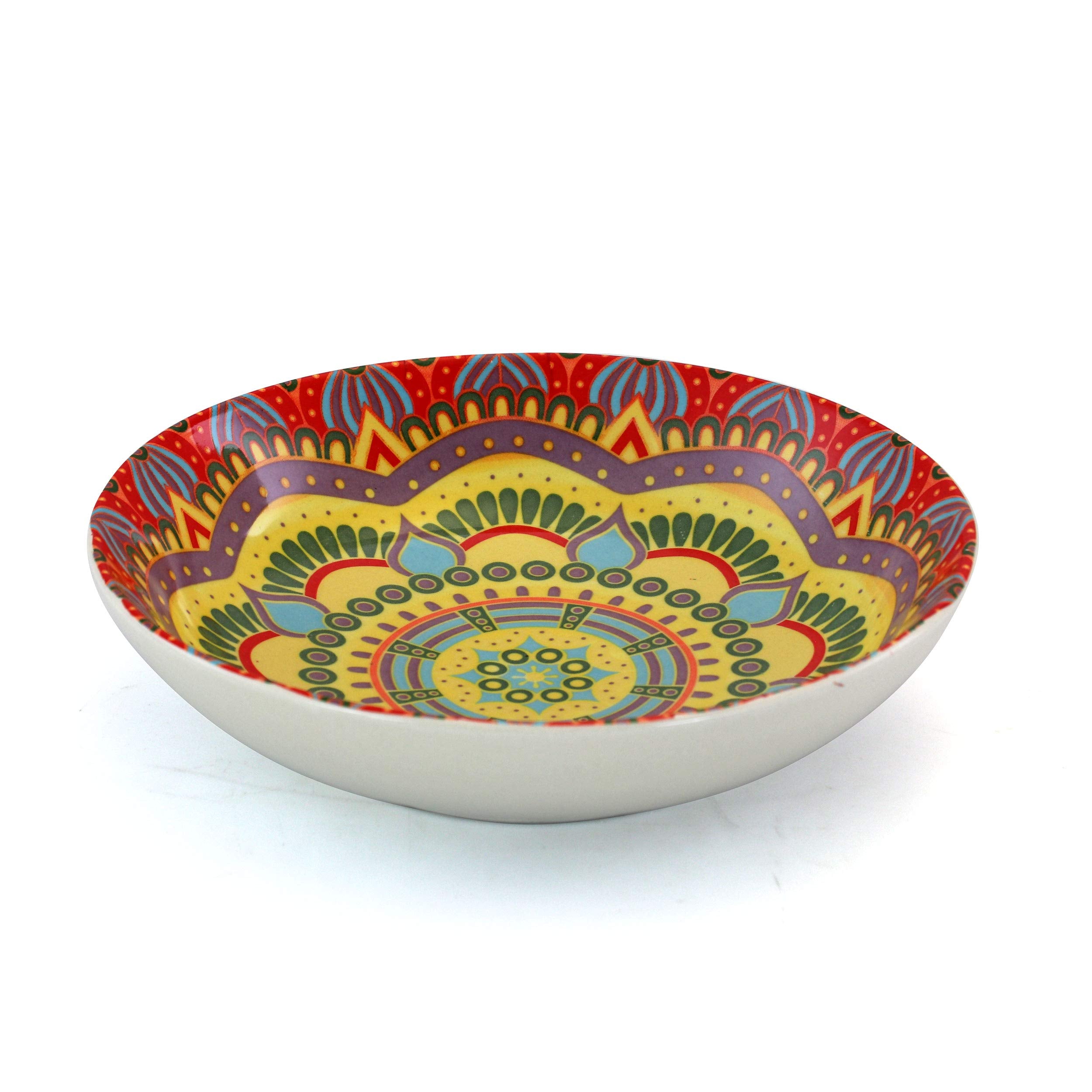 Elama Multicolored Round Stoneware Mandala Pattern Dinnerware Set, 16 Piece, Red