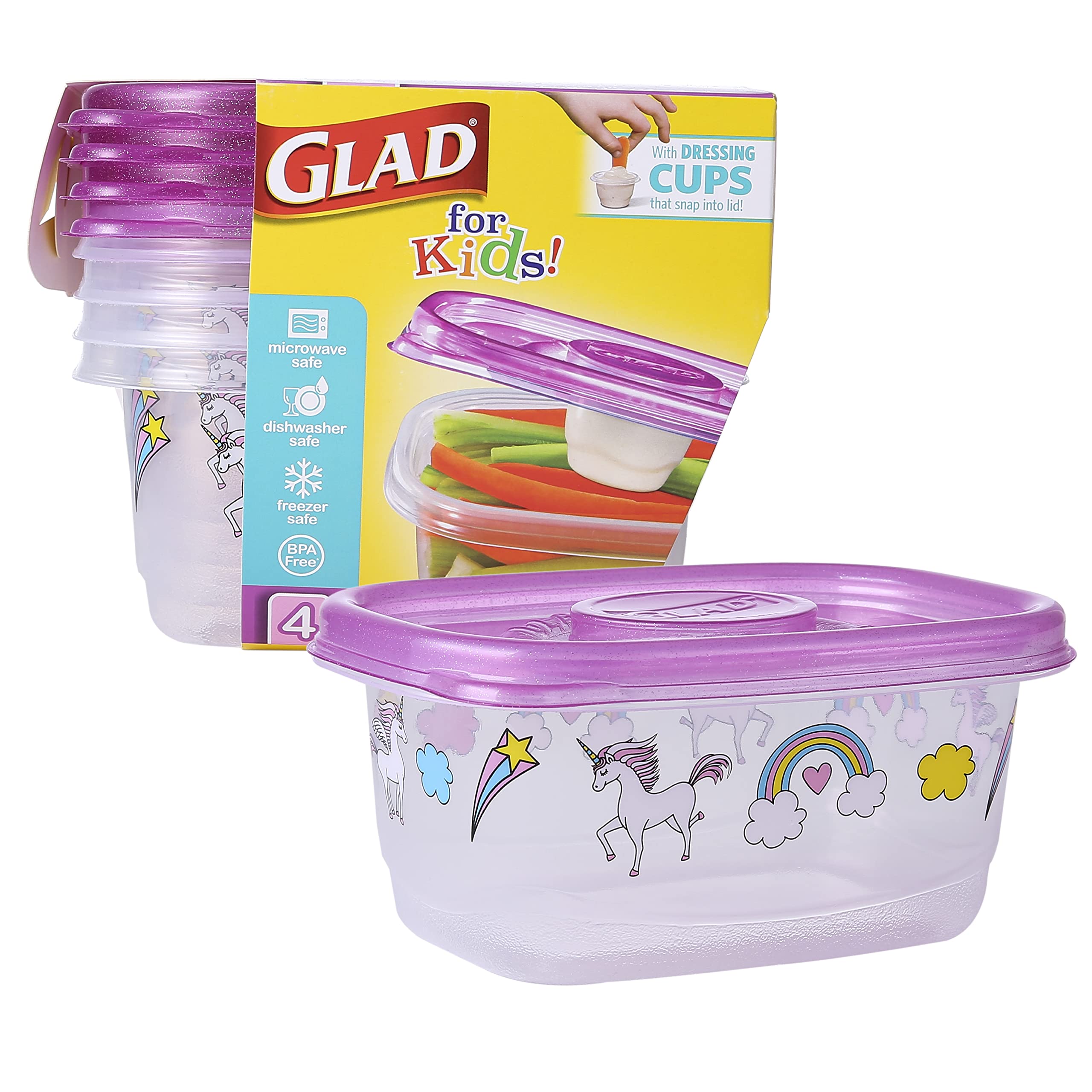 Glad for Kids GladWare Snack Containers with Unicorn Design | BPA-Free Plastic Food Storage, 24oz 4 Count with Dressing Cups | M
