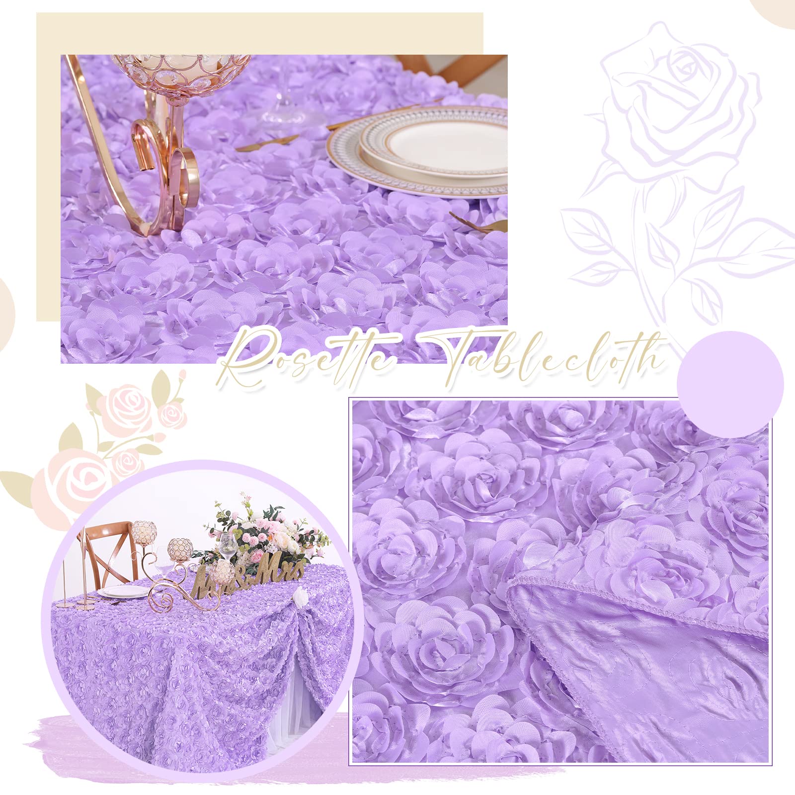 Fanqisi 50X102 Inches Rosette Satin Tablecloth Lavender Rosette Tablecloth 3D Rosette Table Line Rectangle Table Cover Wedding P
