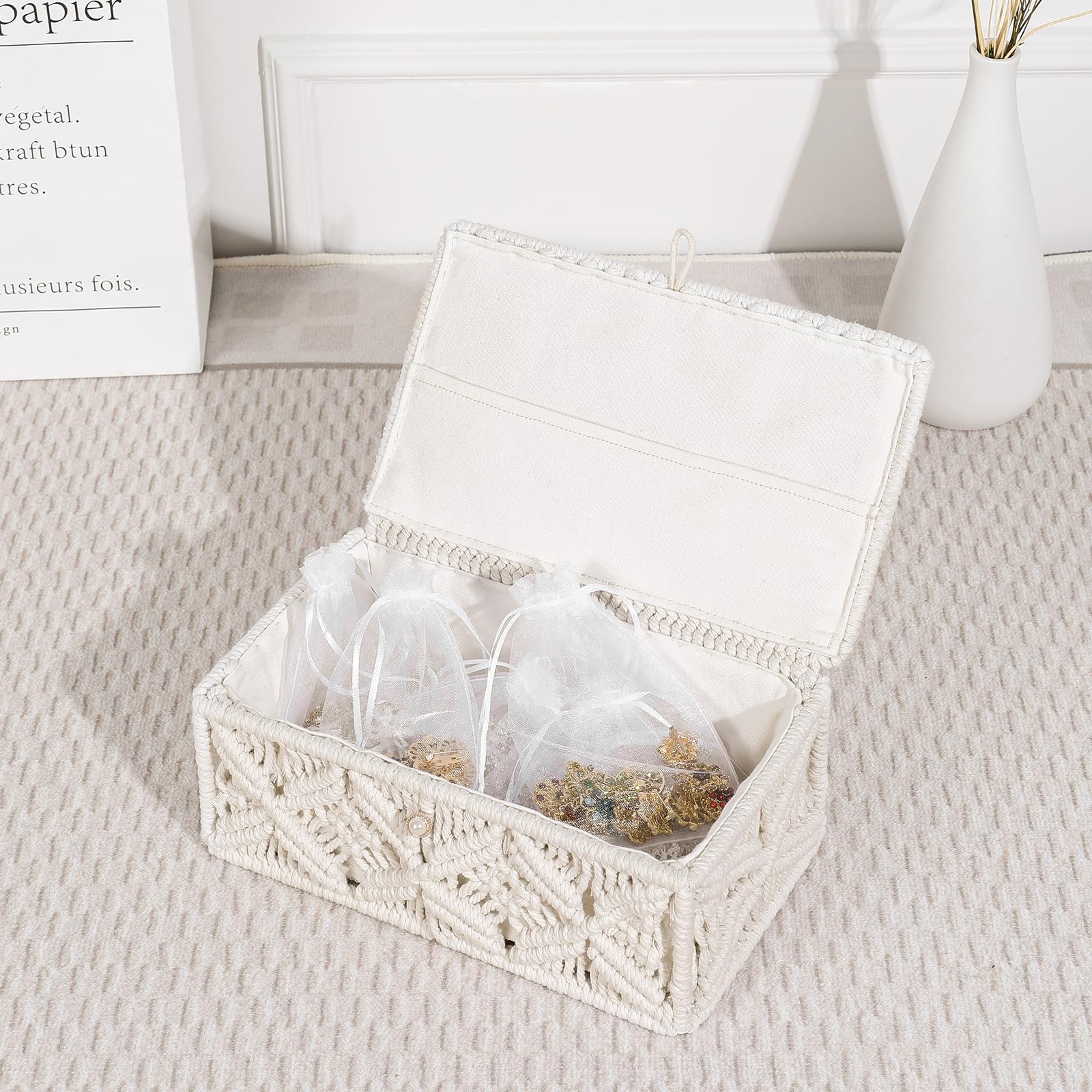 Anminy Macrame Storage Basket With Lid & 25Pcs Organza Gift Bags Bohemian Jewelry Box Handmade Woven Natural Cotton Rope Lidded