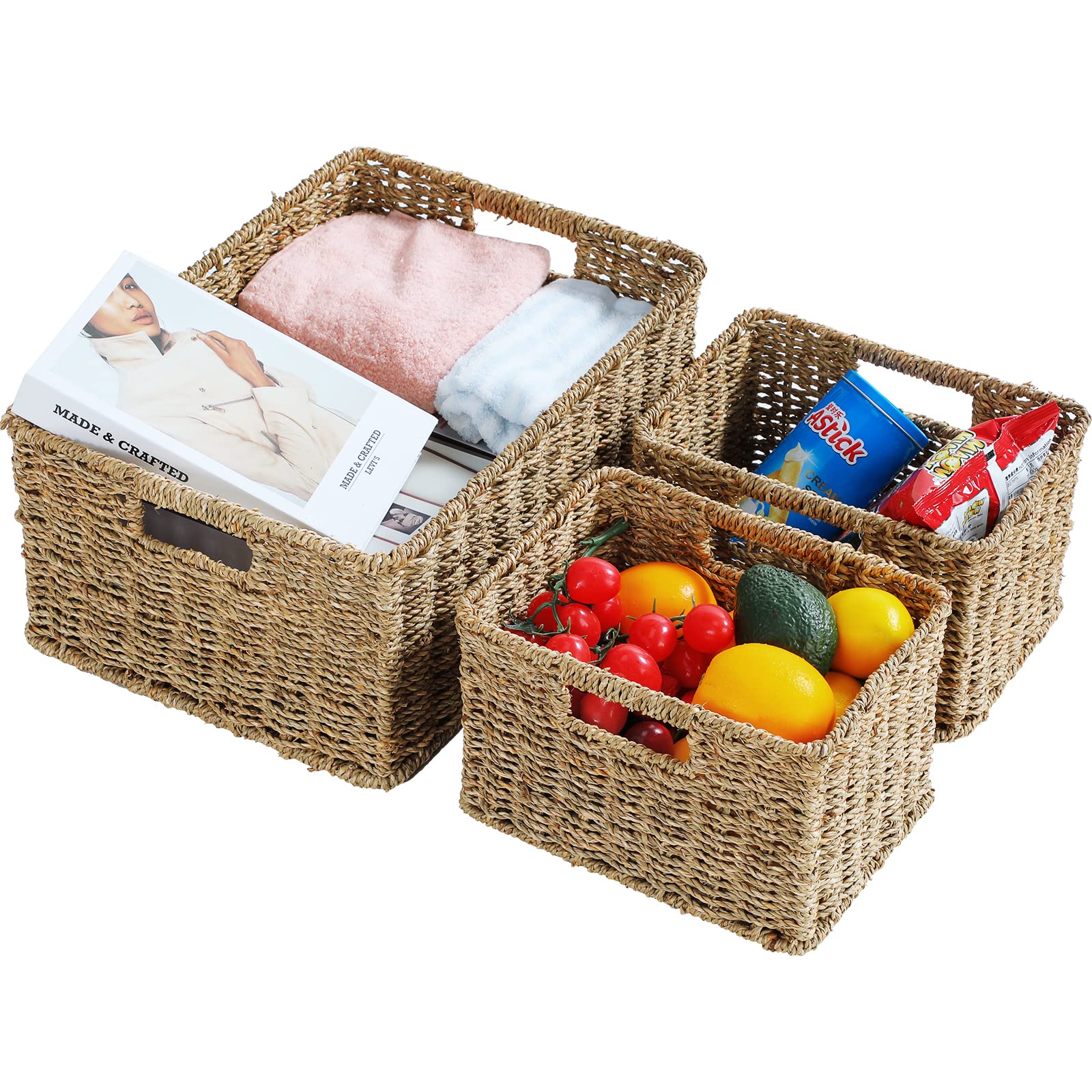 Hoonex Large Wicker Baskets For Storage, Seagrass Baskets With Dual Handles, Woven Baskets For Storage, Set Of 3, Natural
