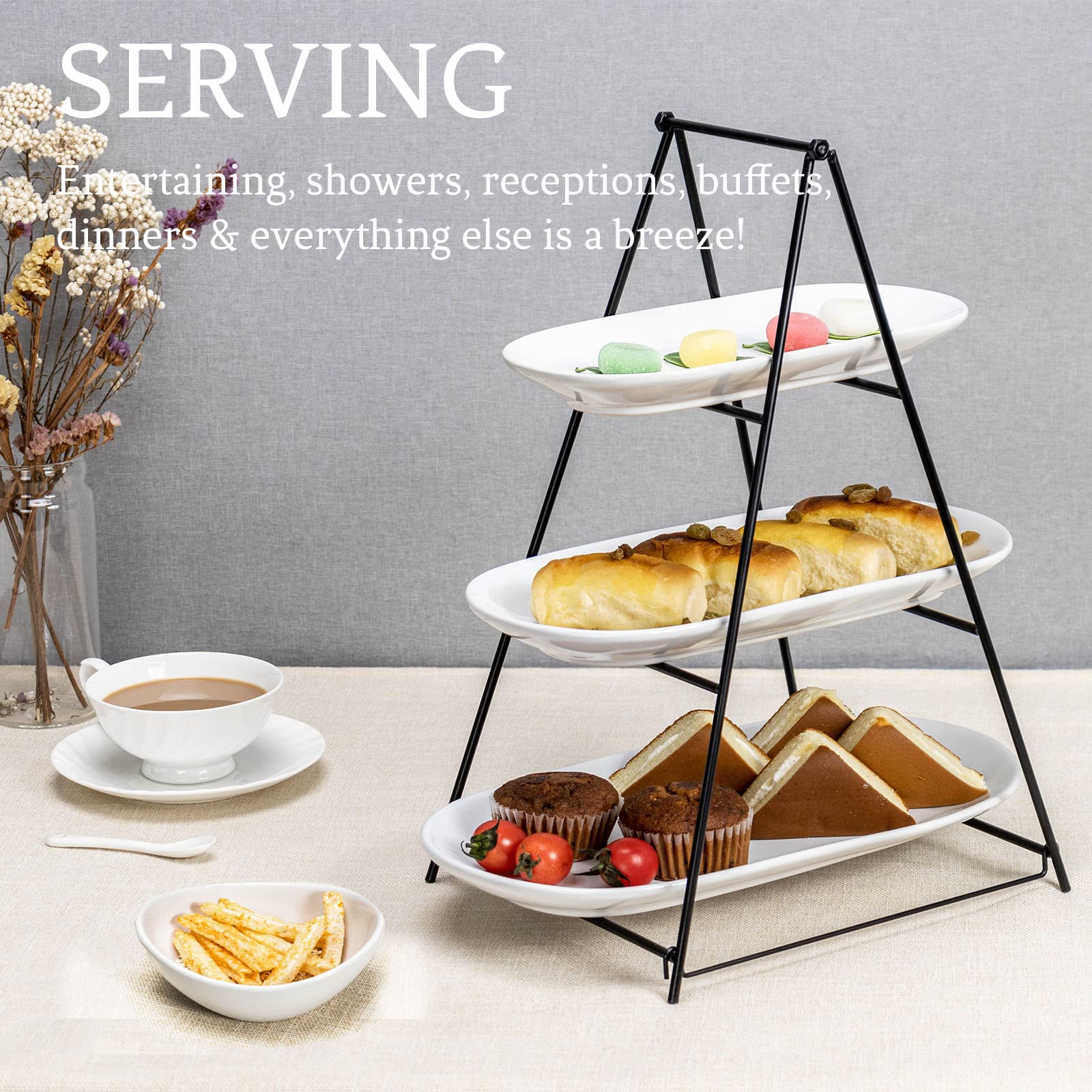 Unicasa 3 Tier Serving Tray - White Oval Serving Plate Dishes, Party Trays And Platters With Metal Rack For Cake, Snack, Fruit -