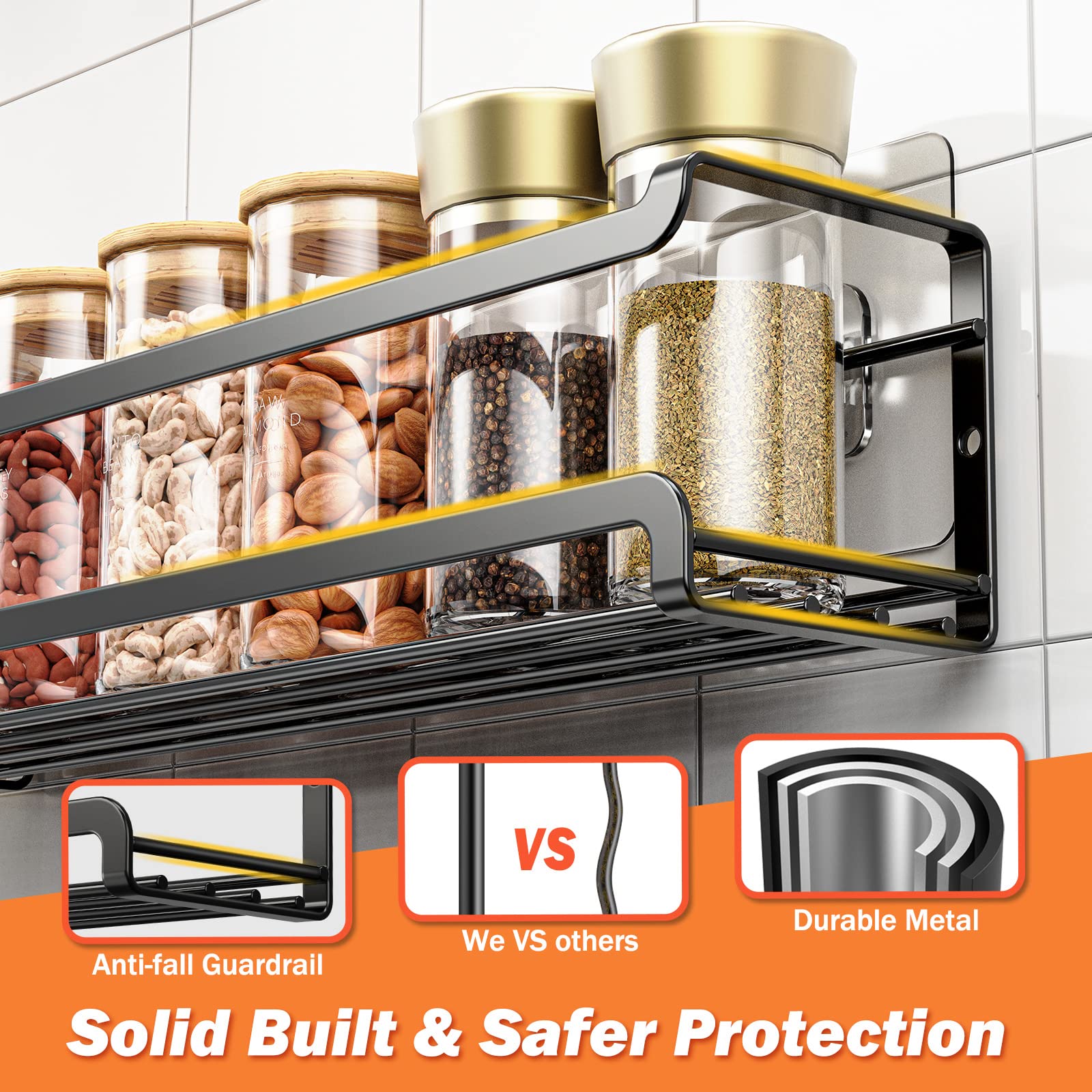 Bunoxea Spice Rack wall mounted 4 Pack, Space-Saving Spice Organizer for Spice Jars and Seasonings,Screw or Adhesive Hanging Spi