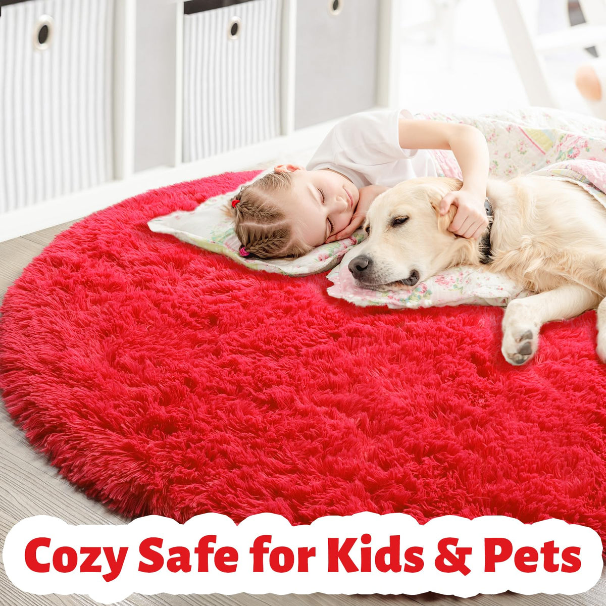 Red Round Circle Rug 6Ft for Bedroom, Large Fluffy Shag Area Rugs for ...