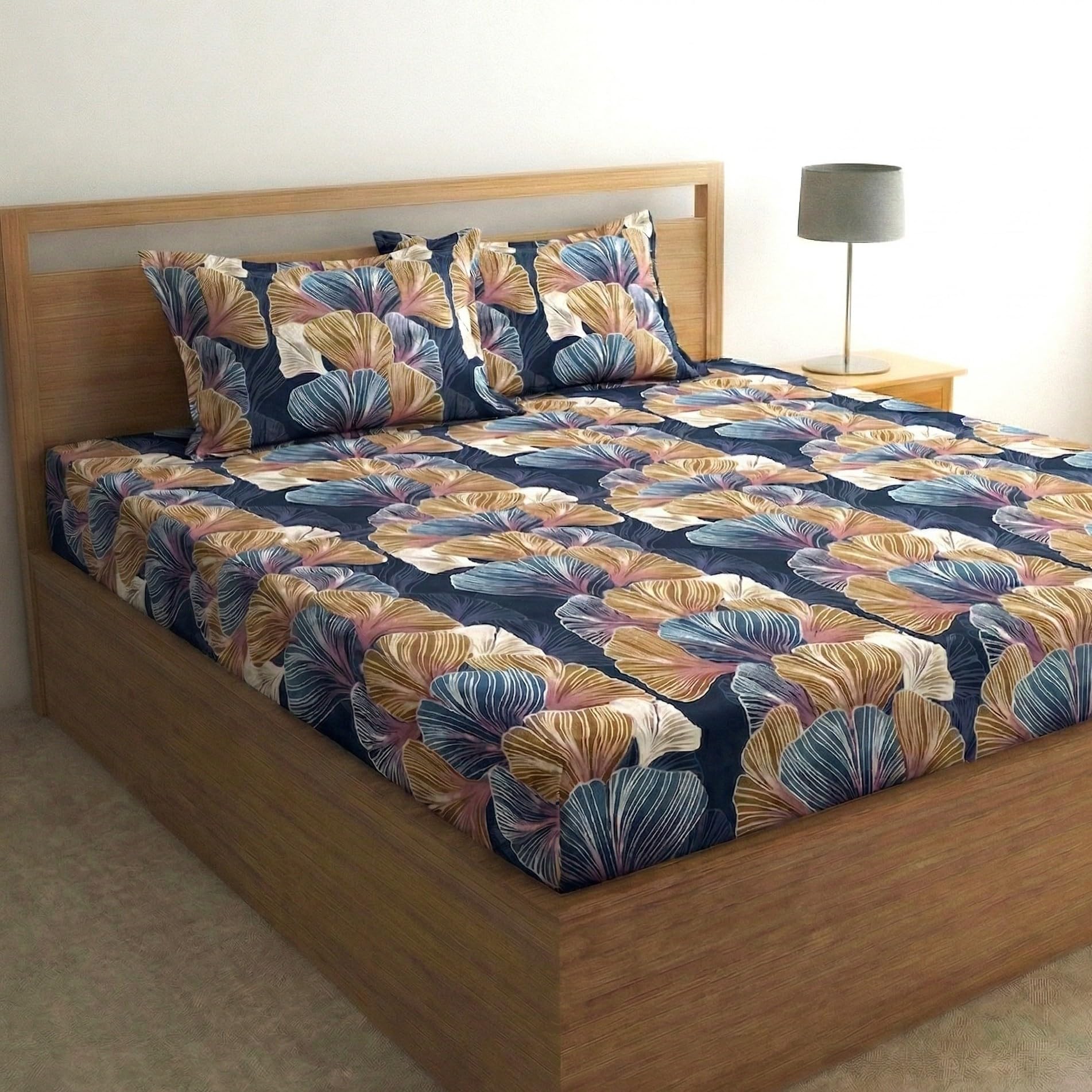 Fashion String Microfibre 144TC Midnight Ginkgo Bloom Fitted Double (72 X 78) Bedsheet with 2 Pillow Covers