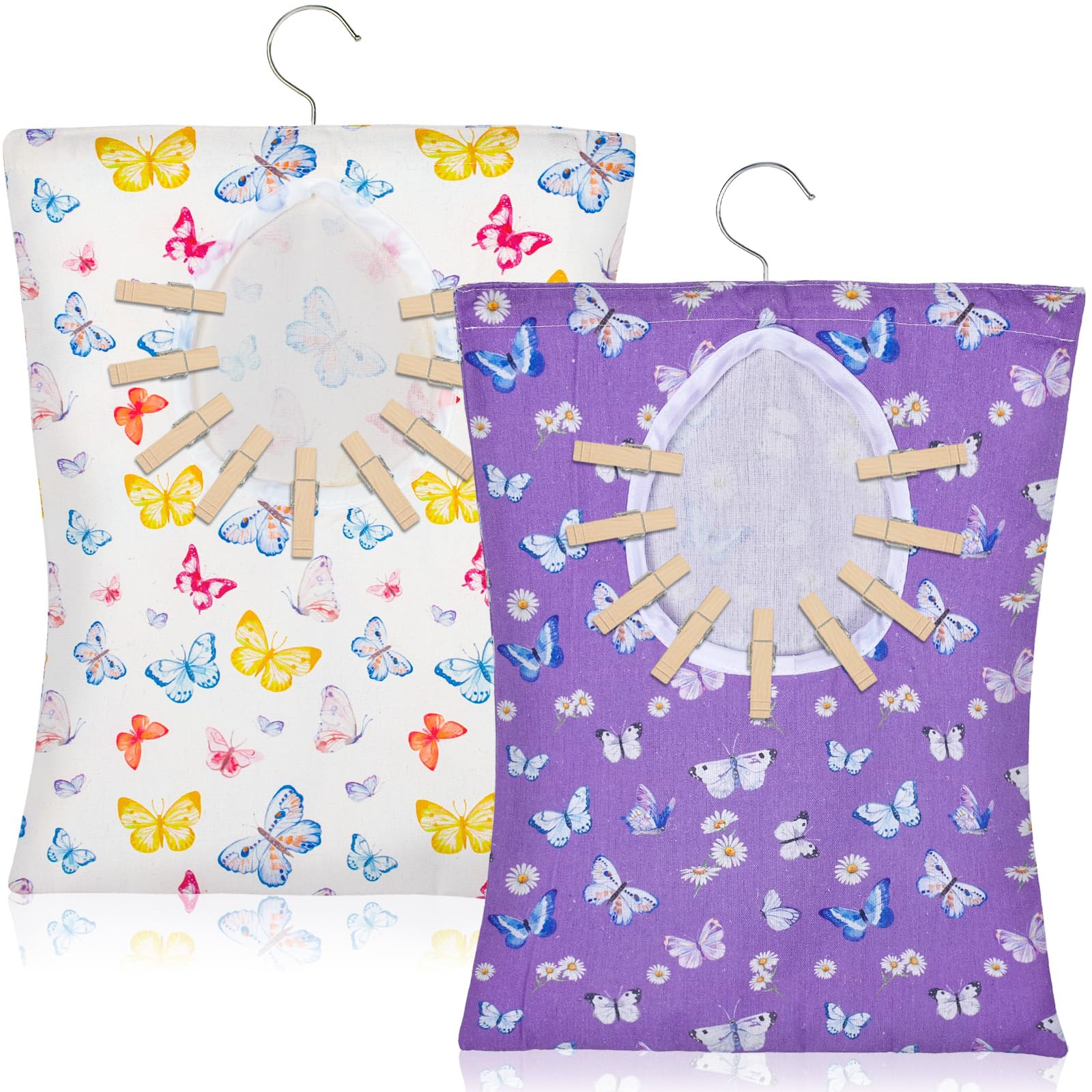 Whaline 2 Pcs Clothespin Bag With Hanging Hook Watercolor Butterfly Laundry Clothes Pin Holder Waterproof Clothespin Storage Org
