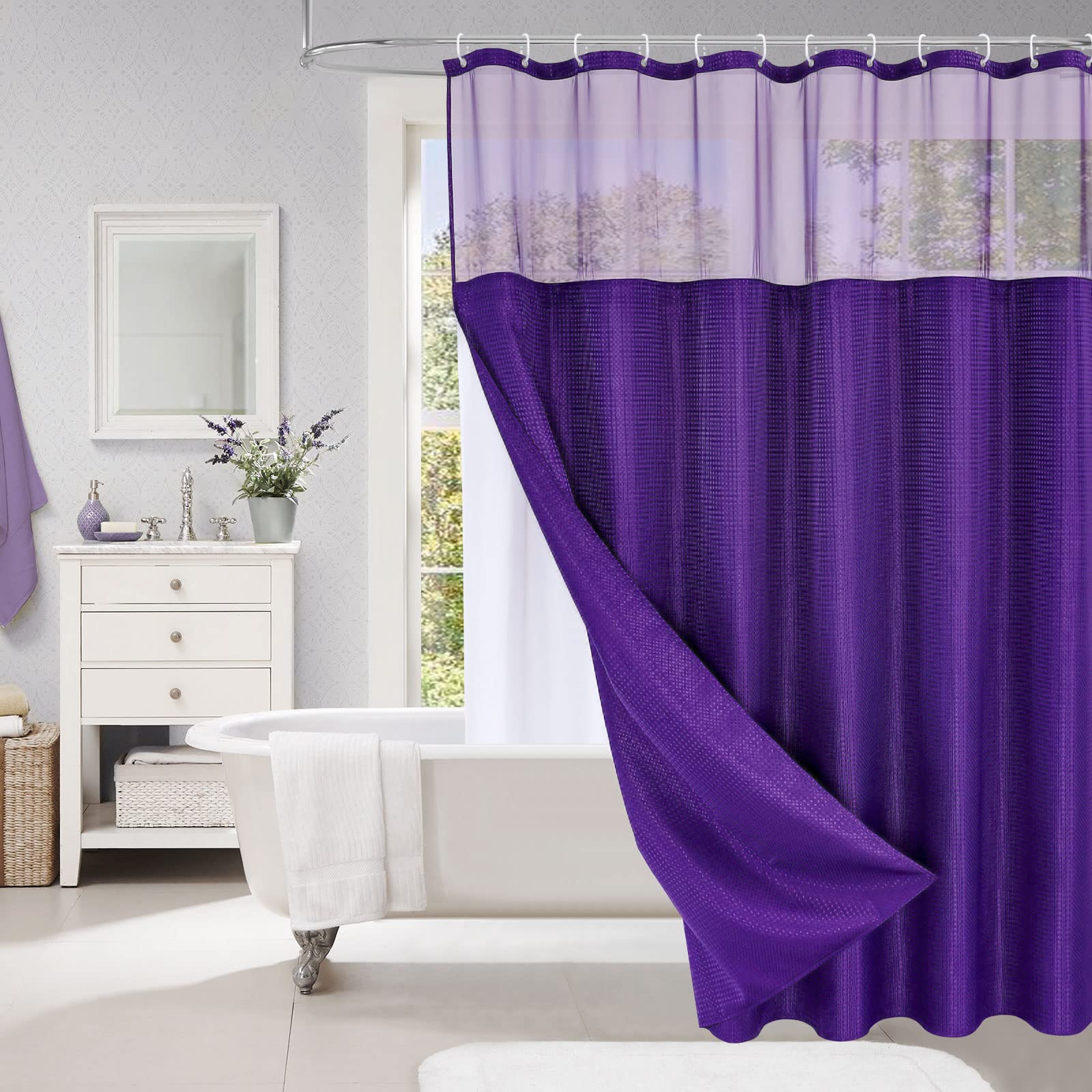 Mitovilla Purple Waffle Shower Curtain Set With Snap-In Liner, Lavender Heavy Duty Fabric Shower Curtain For Modern Neutral Hote