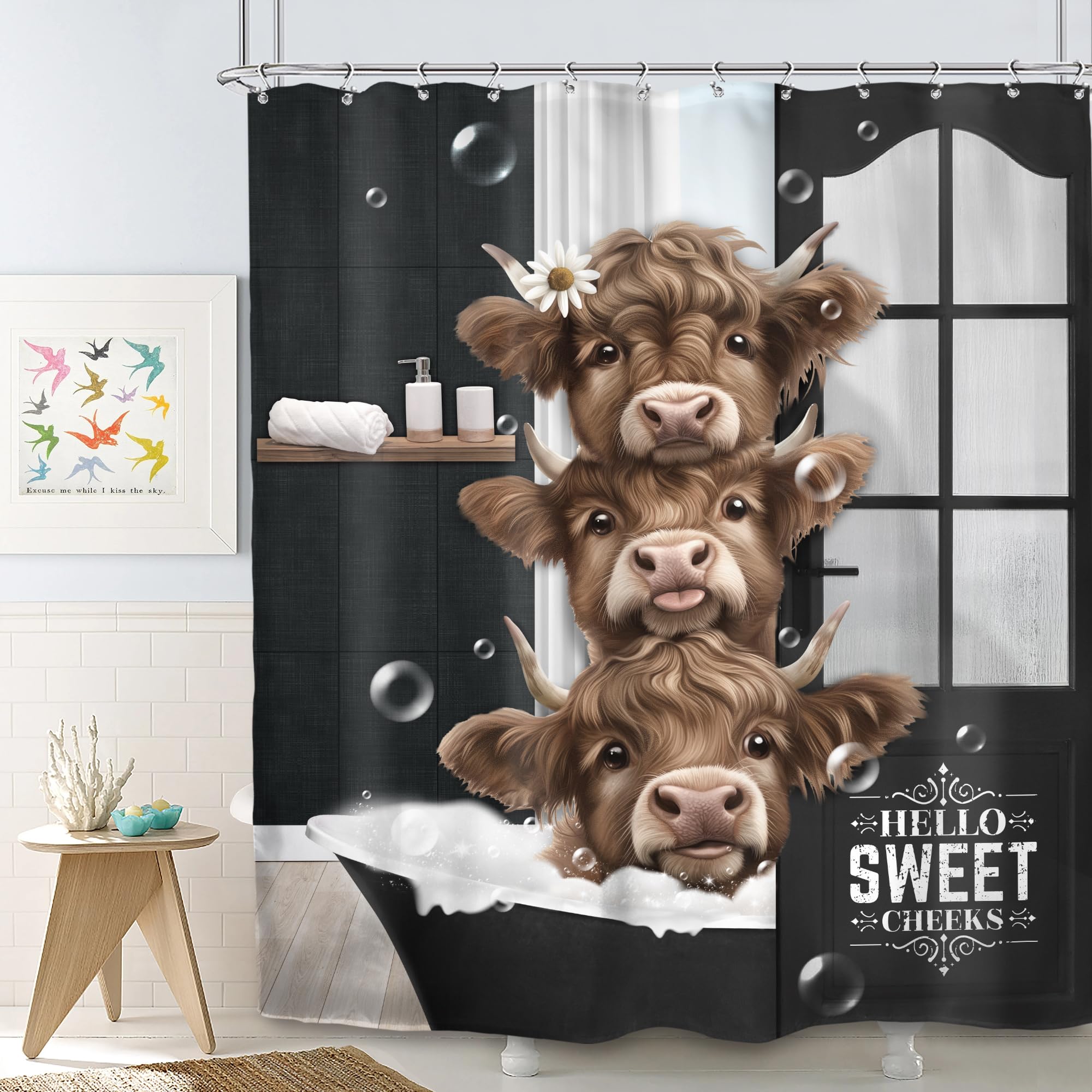 Svbright Funny Highland Cow Shower Curtain 60Wx72L Inch Western Kids Bull Calf Farmhouse Cute Animal Country Black Barn Cattle 1
