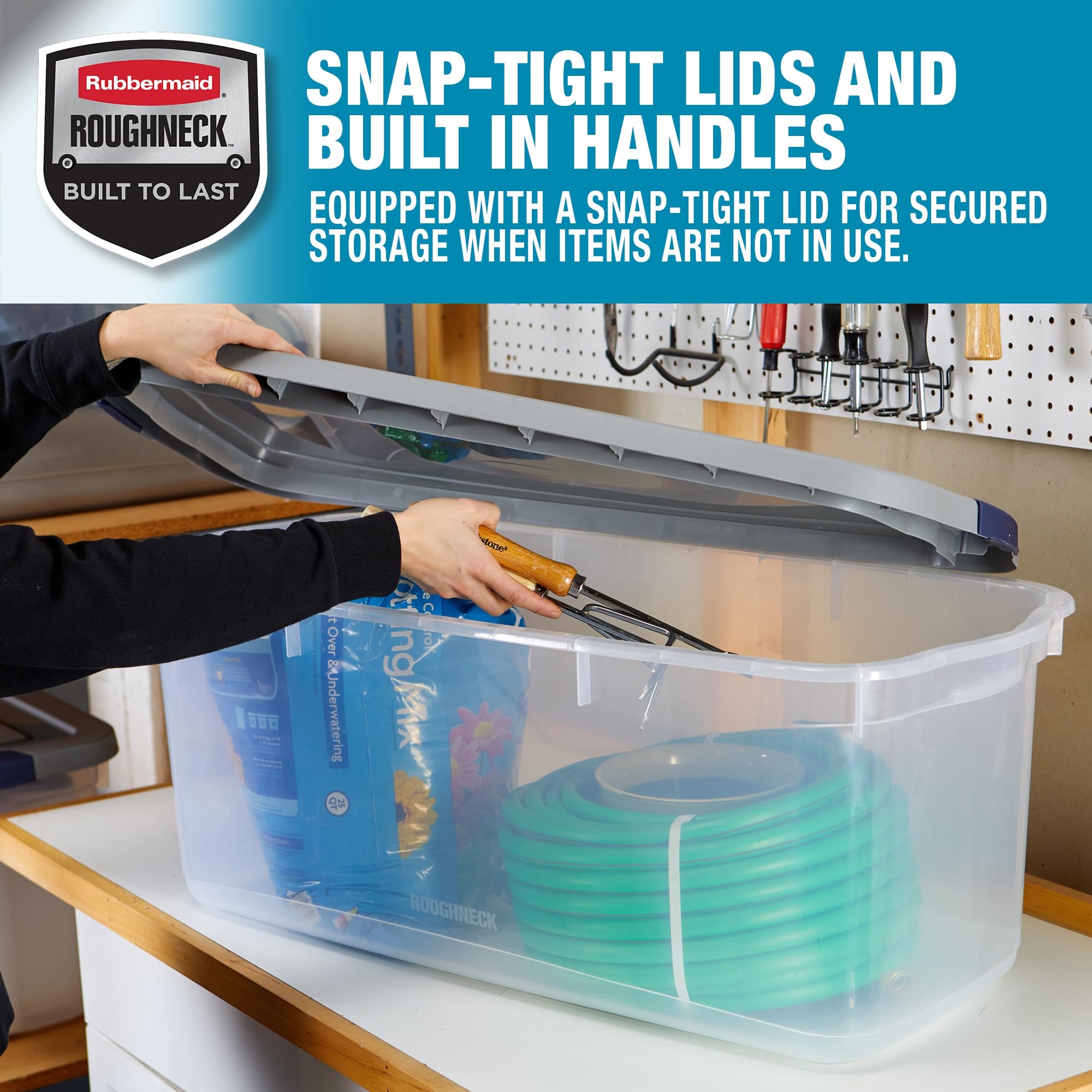 Rubbermaid Roughneck Clear 95 Qt/23.75 Gal Storage Containers, Pack Of 4 With Latching Grey Lids, Visible Base, Sturdy And Stack