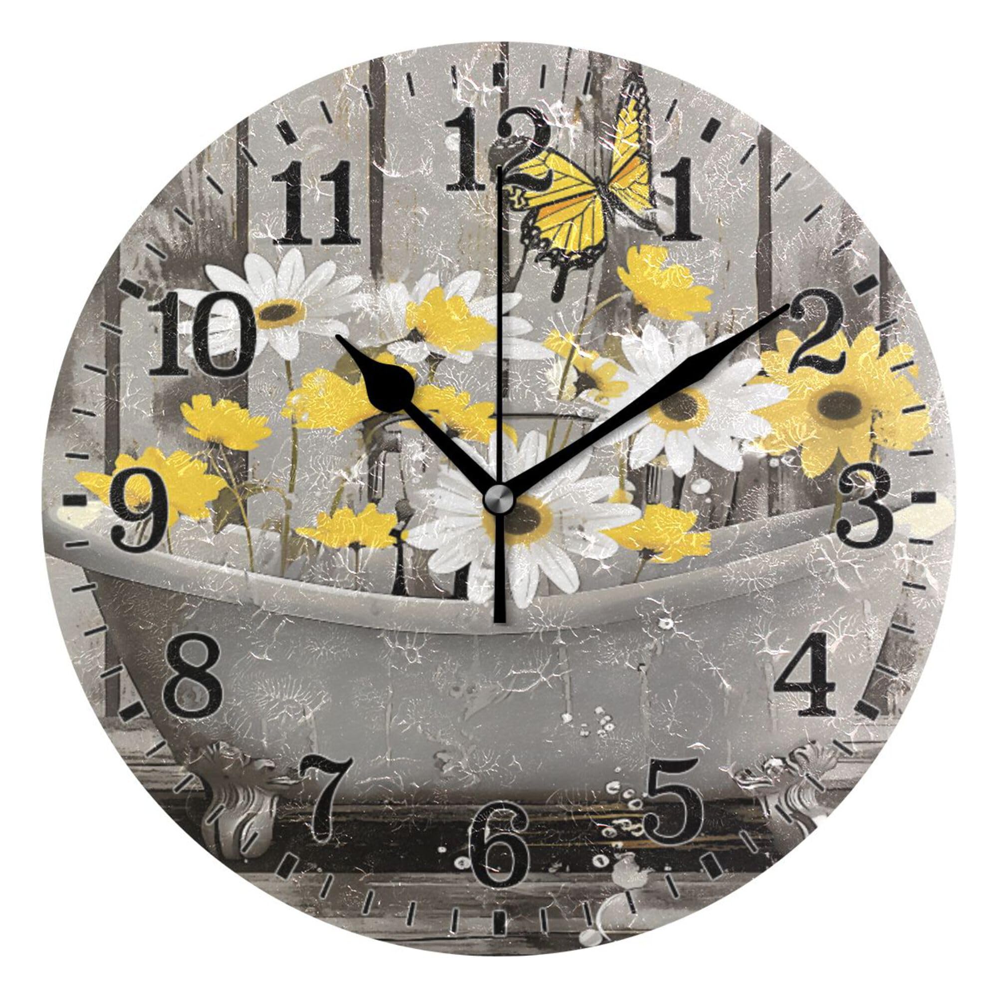 Junzan Daisy Butterfly Bathtub Silent Wall Clock For Bathroom Indoor Decoration No Ticking 10 Inch Round Small Clock For Hospita