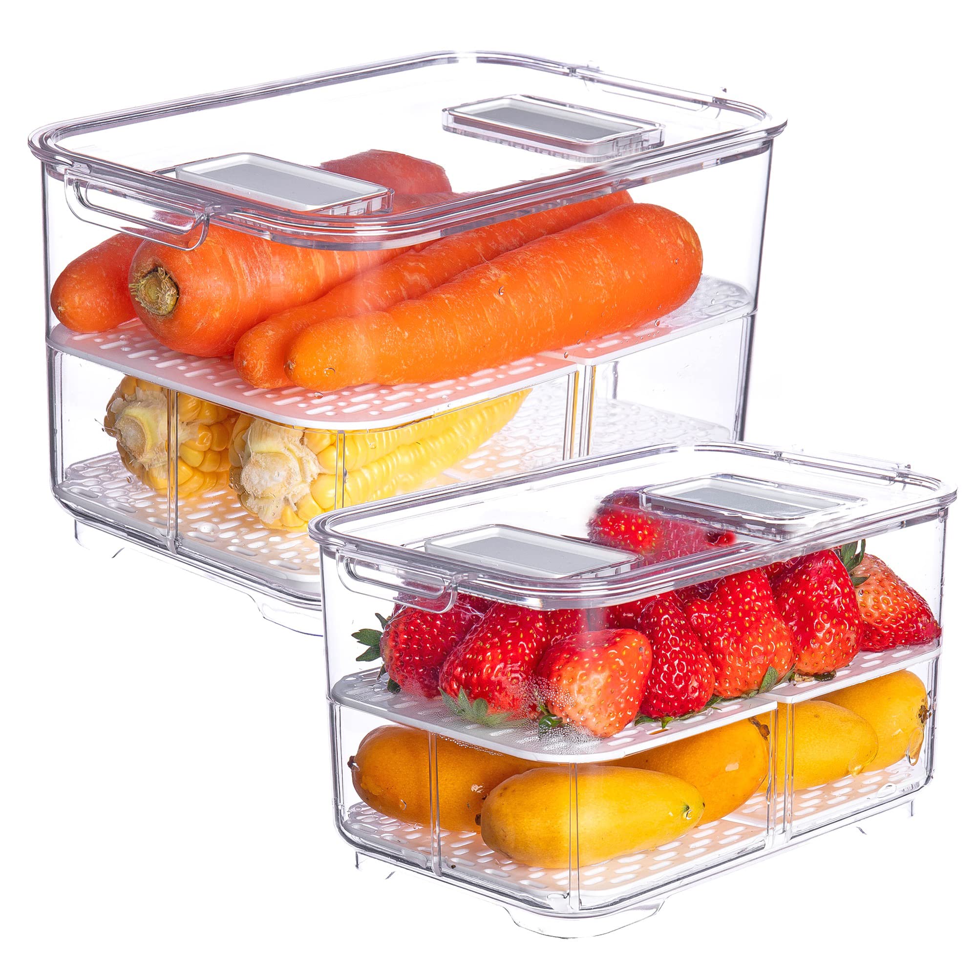 Vacane Produce Saver With Lids, 2 Piece Fruit Vegetable Storage Container With Vents Stackable Fridge Drawers Organizer Salad Le