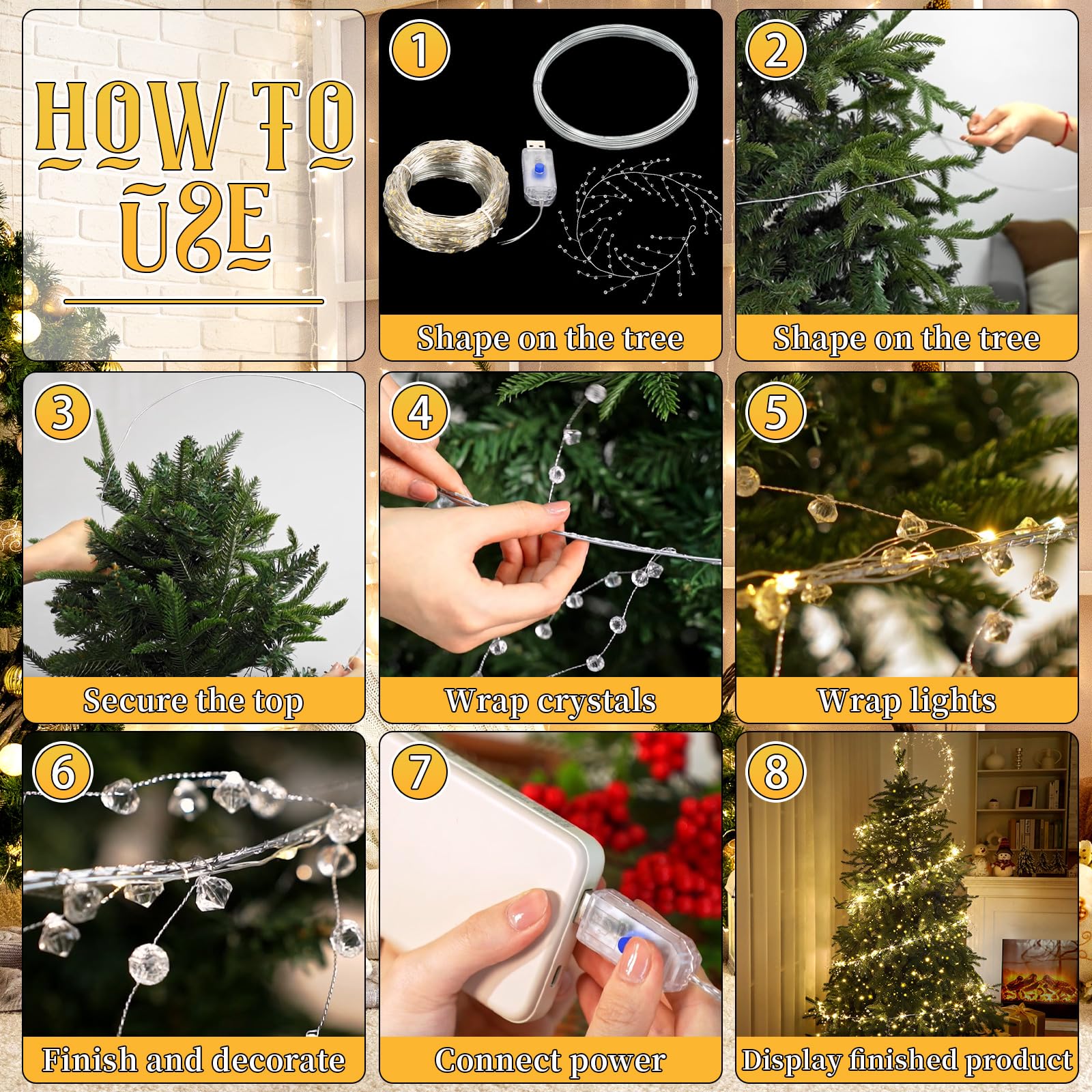 Glooglitter 40ft Christmas Tree Crystal Garland Decorations, 98ft 300 LED Fairy Lights with Crystal Drop Ornaments & Iron Wire,