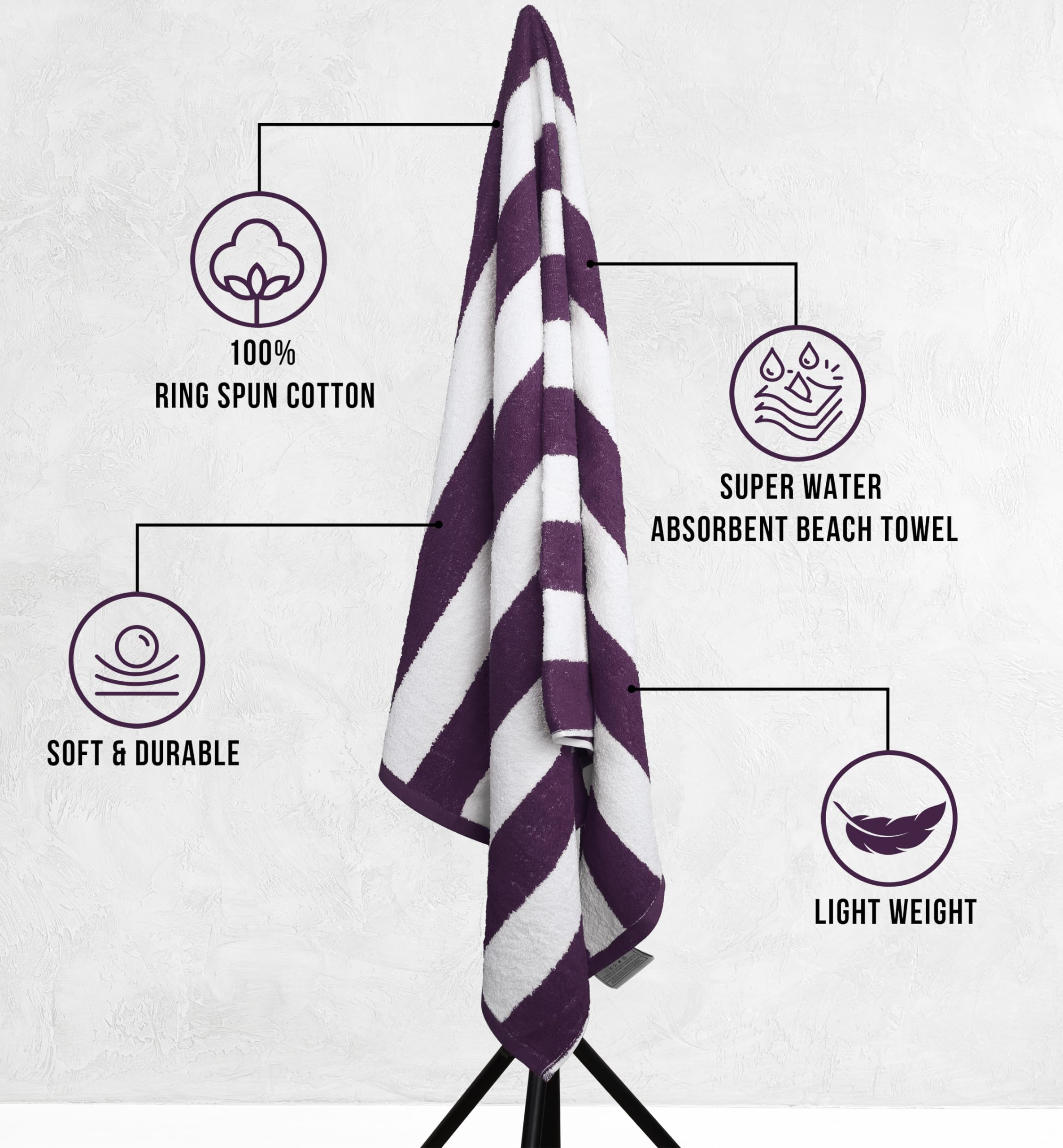 Utopia Towels [4 Pack Cabana Stripe Beach Towel  (30 x 60 Inches) Oversized 100% Ring Spun Cotton Pool Towels  Highly Absorbent Quick Dry Bath Towels for Bathroom  and Swim Towel (Plum)