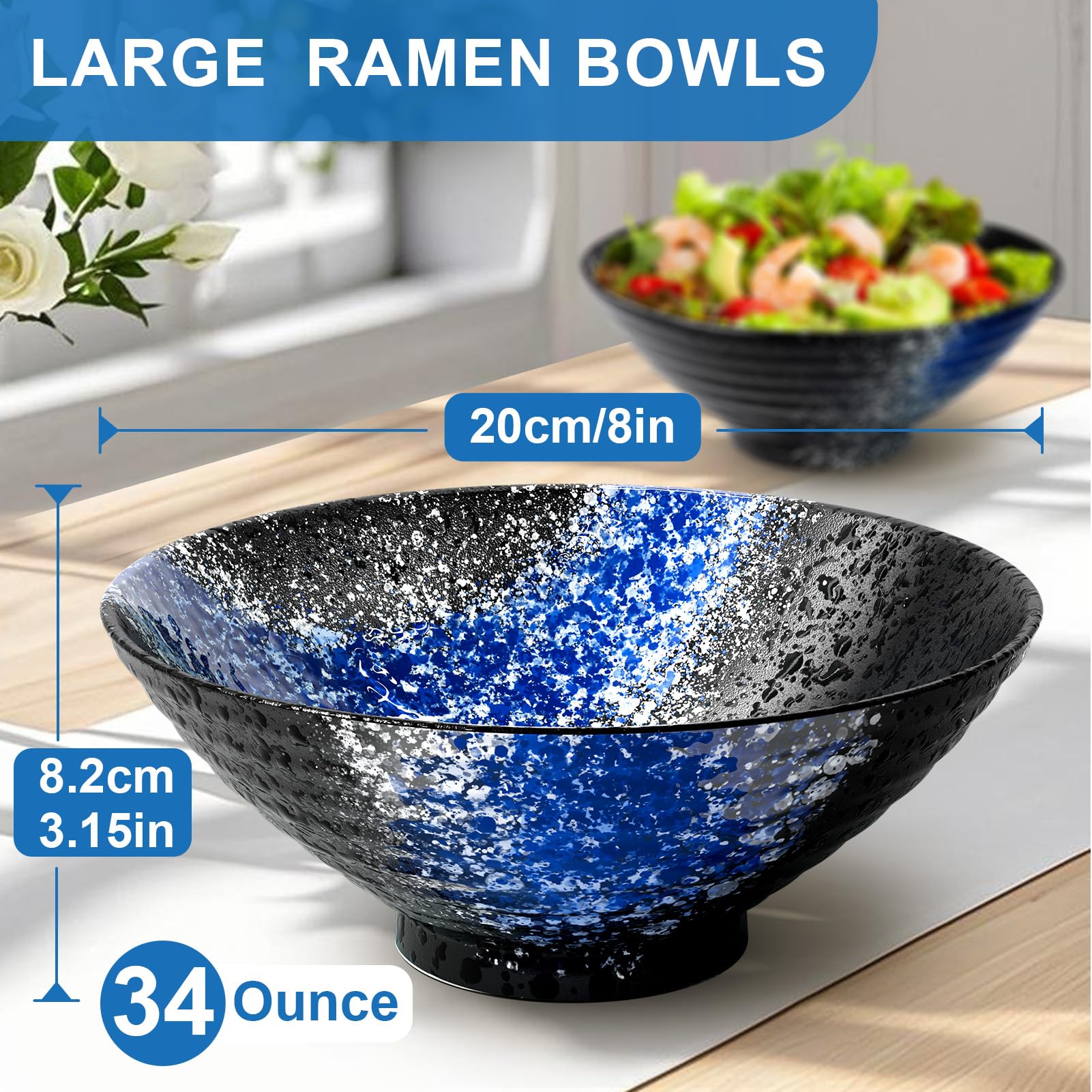 8-Inch Ceramic Ramen Bowl Set of 2 (9 Piece) - Porcelain Japanese Salad Noodles Cereal Fruit Pasta Soup Large Bowls with Recipes