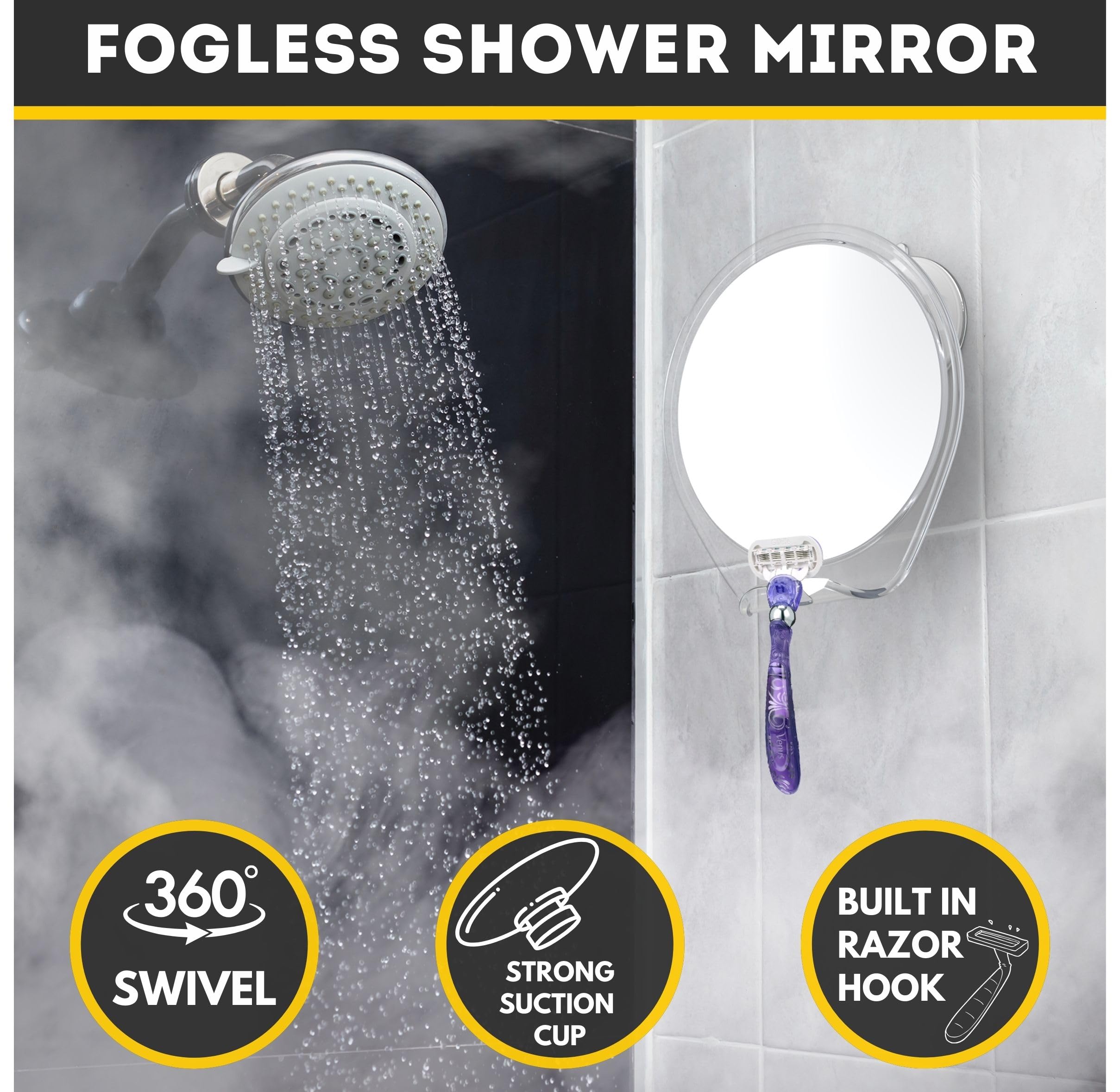 HoneyBull Shower Mirror Fogless for Shaving - with Suction  Razor Holder & Swivel  Small Mirror  Accessories  Bathroom Holds Razors (White)