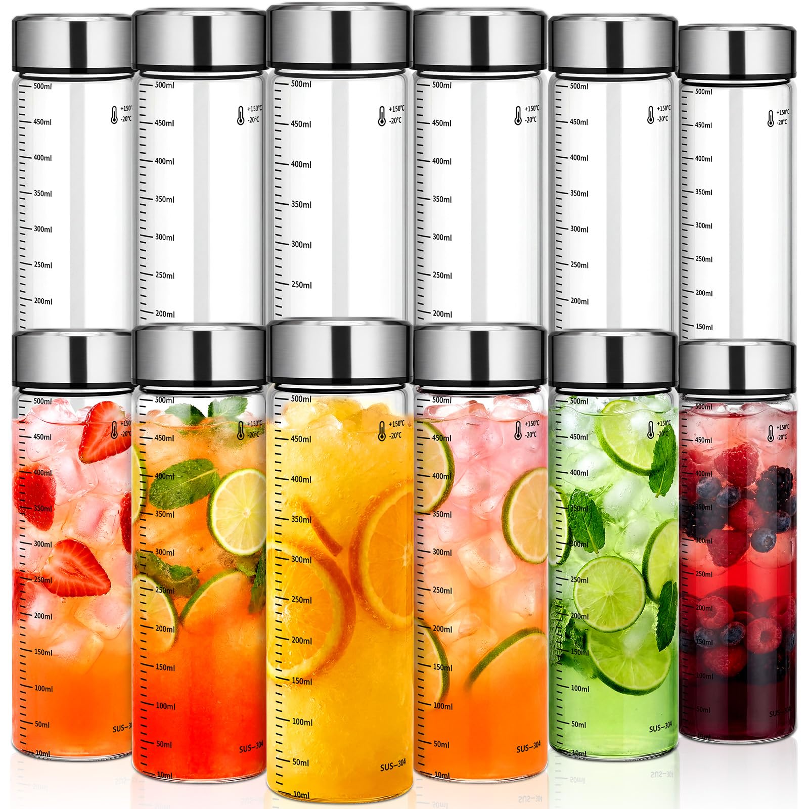 LemonRoad 12 Pack 17 oz Glass Juice Bottles Bulk Scale Wide Mouth Glass Water Bottles with Leakproof Stainless Steel Lids, Boros