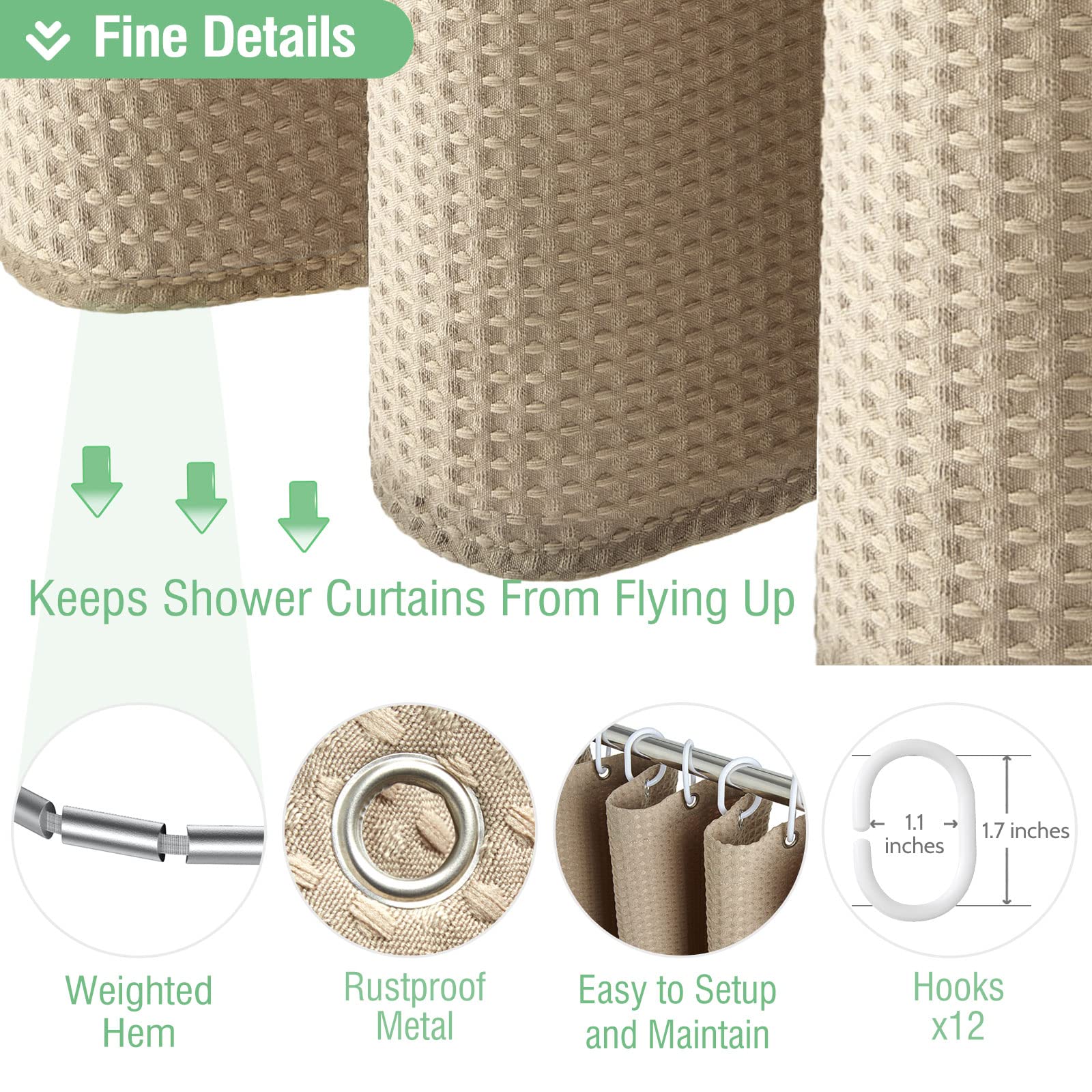 Dynamene Beige Fabric Shower Curtain, 72x72", Heavy Duty Waffle Texture, Includes 12 Hooks, Luxury Bath Decor