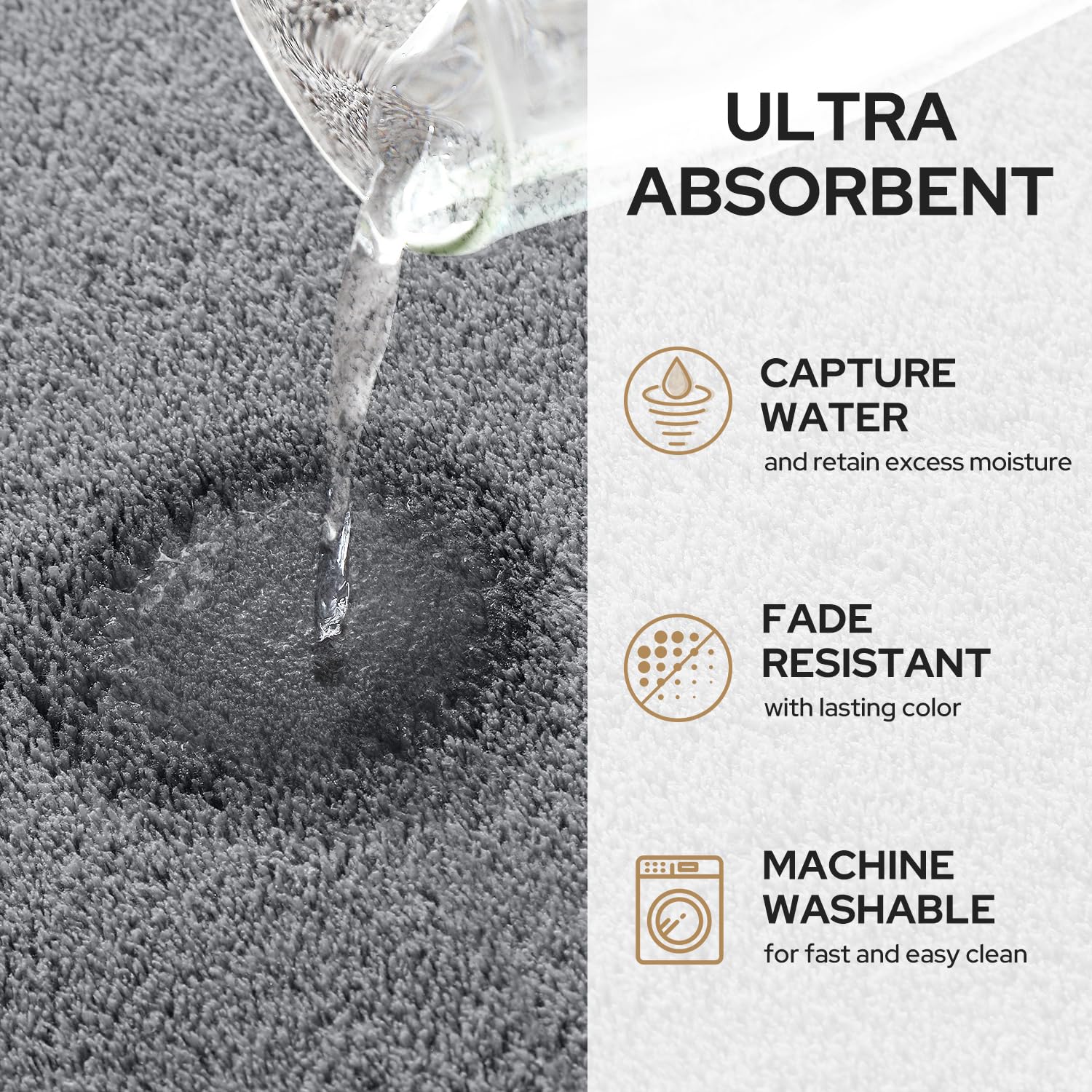 Homeideas Upgraded Bathroom Rugs Set 3 Piece, Extra Thick Absorbent Soft Memory Foam, Washable Toilet Bath Mat (Grey,17''X24''+2
