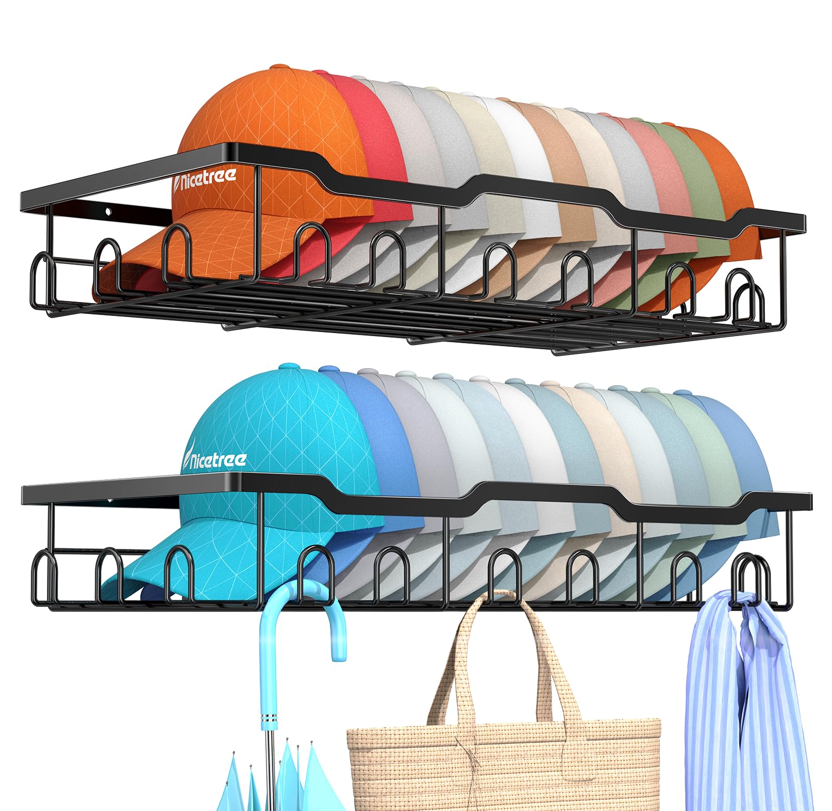 Nicetree Hat Racks for Baseball Caps Wall - Metal Hat Organizer for 48 Baseball Caps Holder, 2 Pack Hat Storage Organizer for Cl
