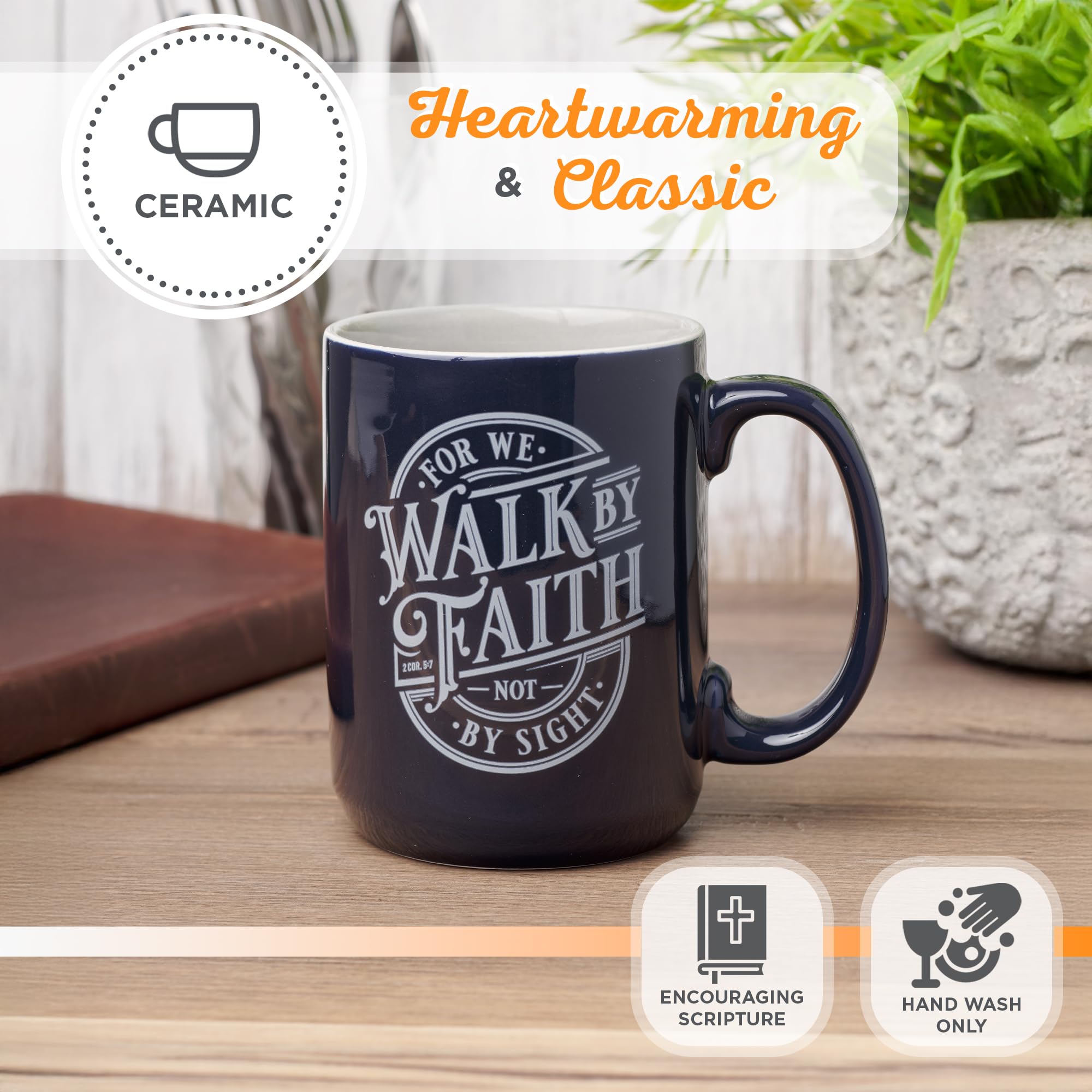 Christian Art Gifts Large Ceramic Coffee & Tea Mug for Men & Women: Walk by Faith Bible Verse, Navy Blue & White, 14 oz.
