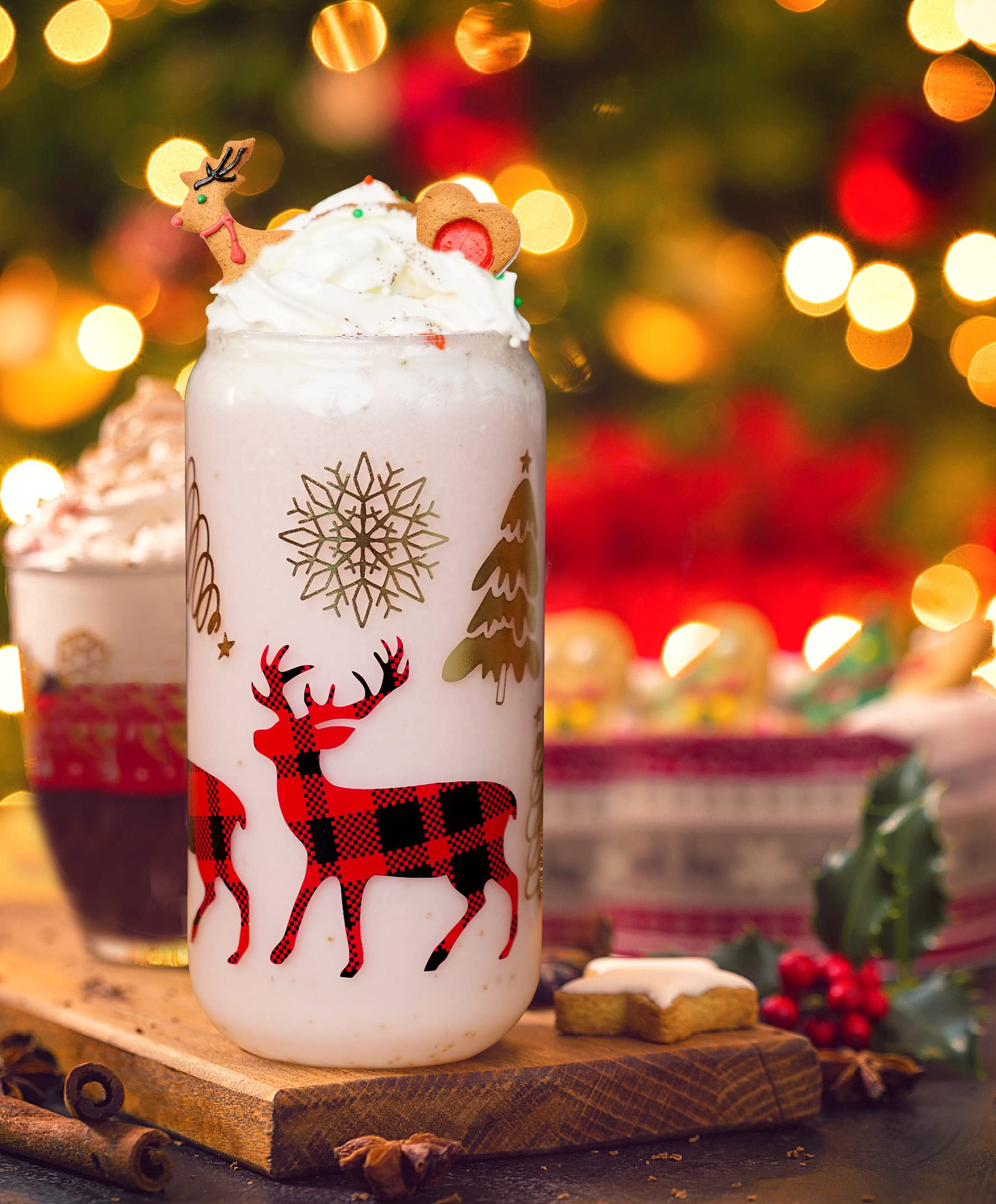 ANOTION Christmas Cups, 18oz Christmas Coffee Mugs Glass Cups with Lid and Straw Colorful Xmas Tree Tumbler Drinking Glasses Gla