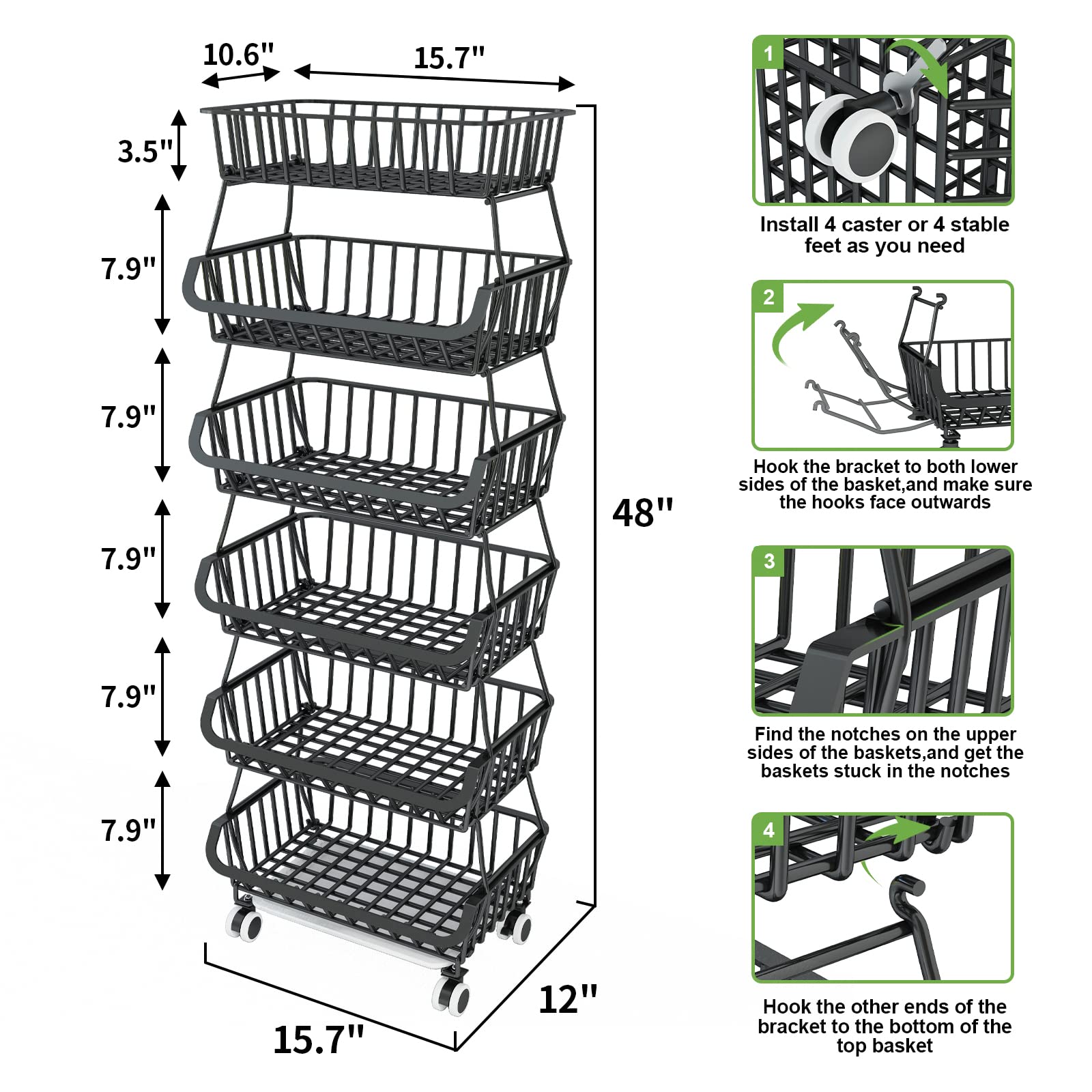 Mchoter 6 Tier Fruit Basket For Kitchen, Fruit And Vegetable Storage Cart Stackable Wire Baskets With Wheels Vegetable Produce B