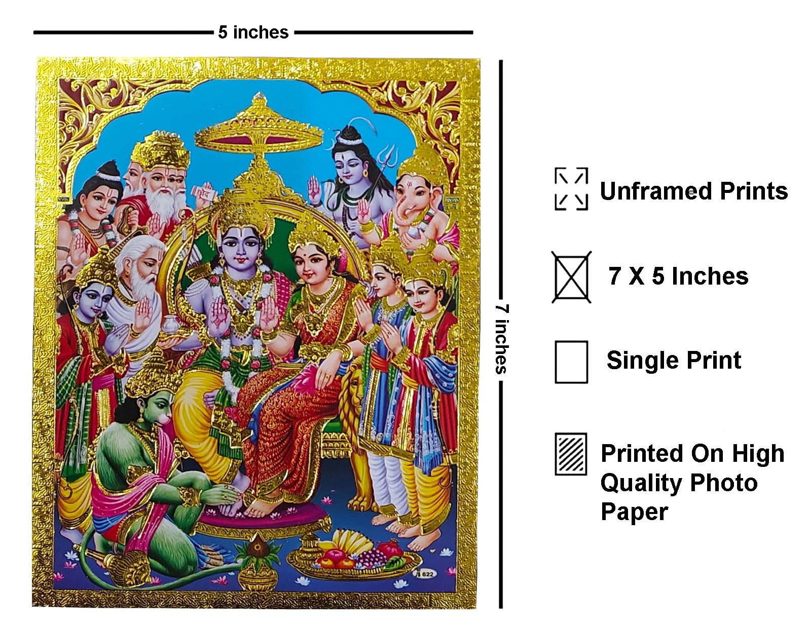 Rastogi Handicraft Best Of Indian Reprint Hindu God Poster/Picture With Golden Foil Unframed (Ram-Ji-Darbar-7''X5'')