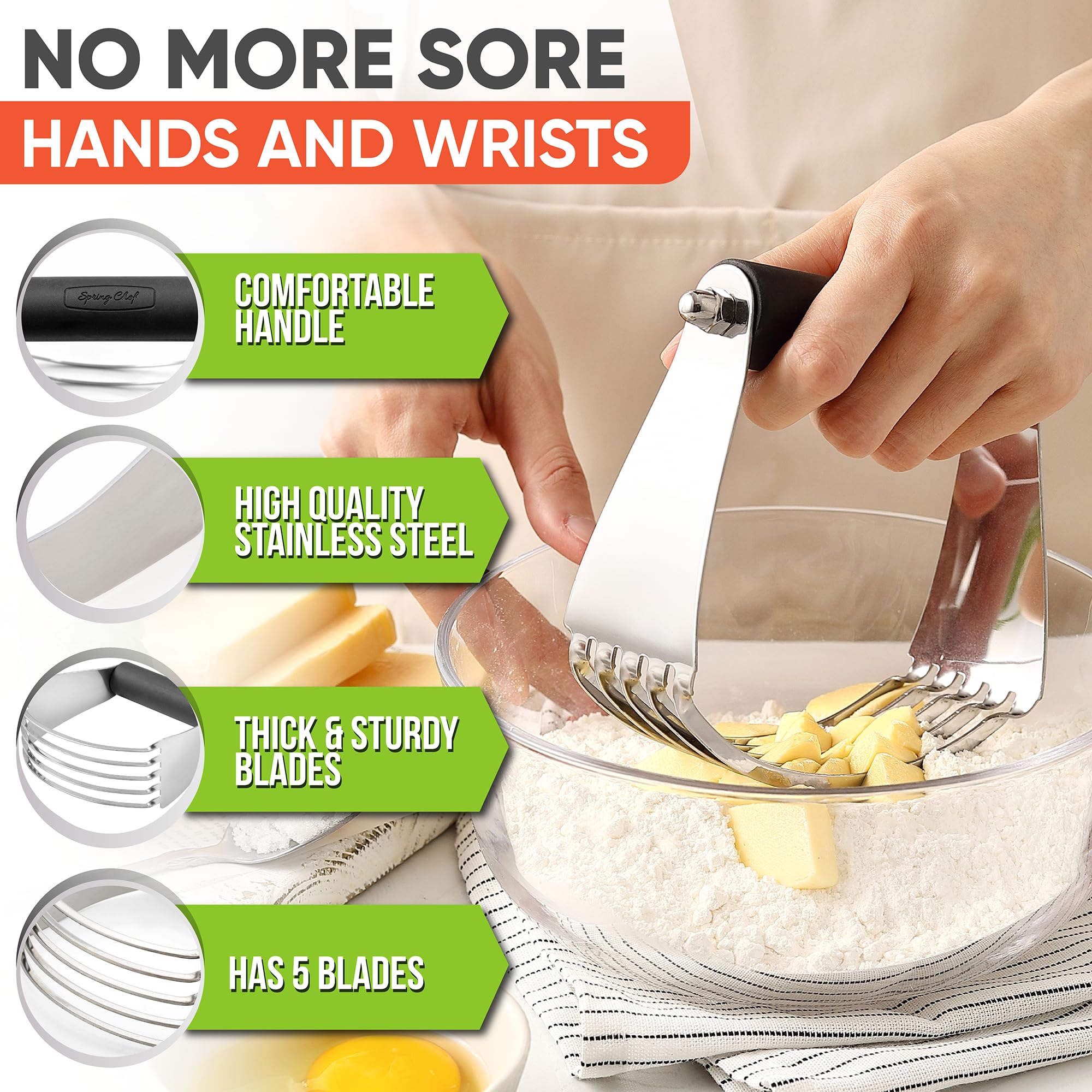 Spring Chef Dough Blender, Top Professional Pastry Cutter with Heavy Duty Stainless Steel Blades, Large Size, Black