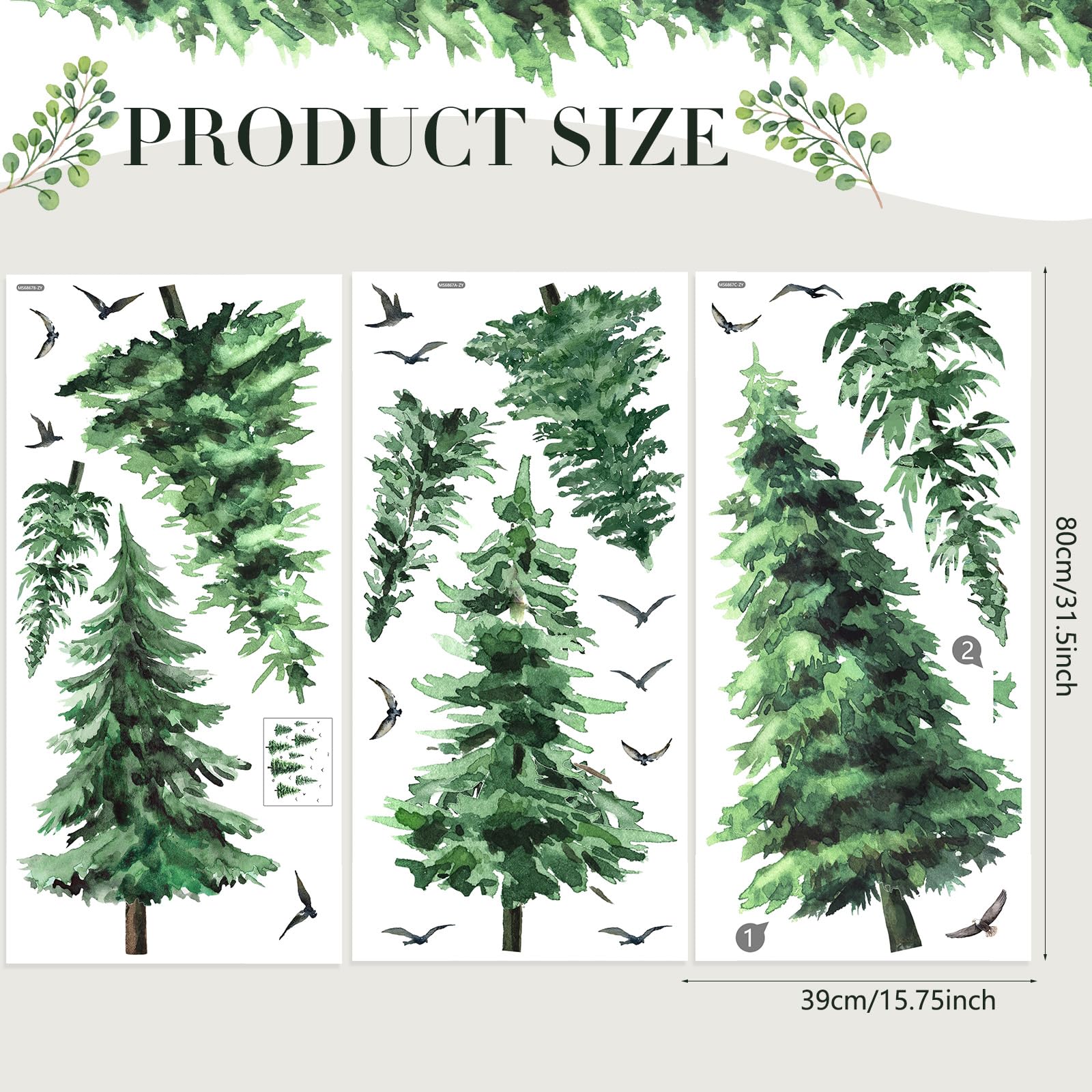 Qilery Watercolor Pine Tree Wall Decals Large Peel and Stick Forest Wall Decal Woodland Branch Birds Sticker Christmas Tree Stic