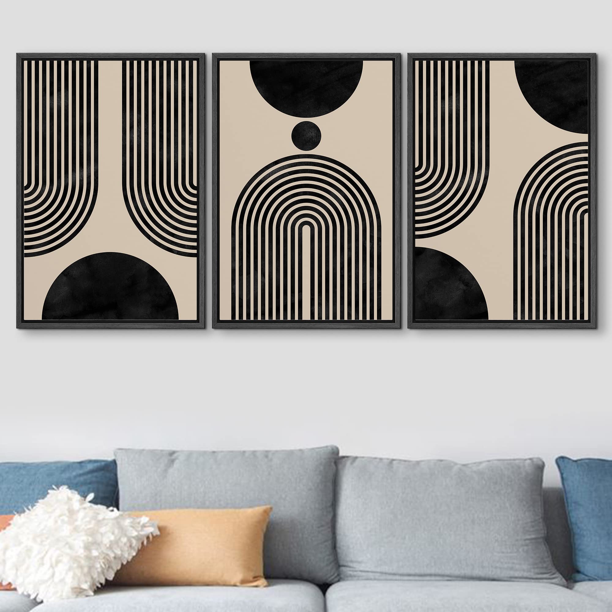 Signford Framed Canvas Print Wall Art Set Geometric Mid-Century Polygon Stripes Abstract Shapes Illustrations Modern Art Bohemia
