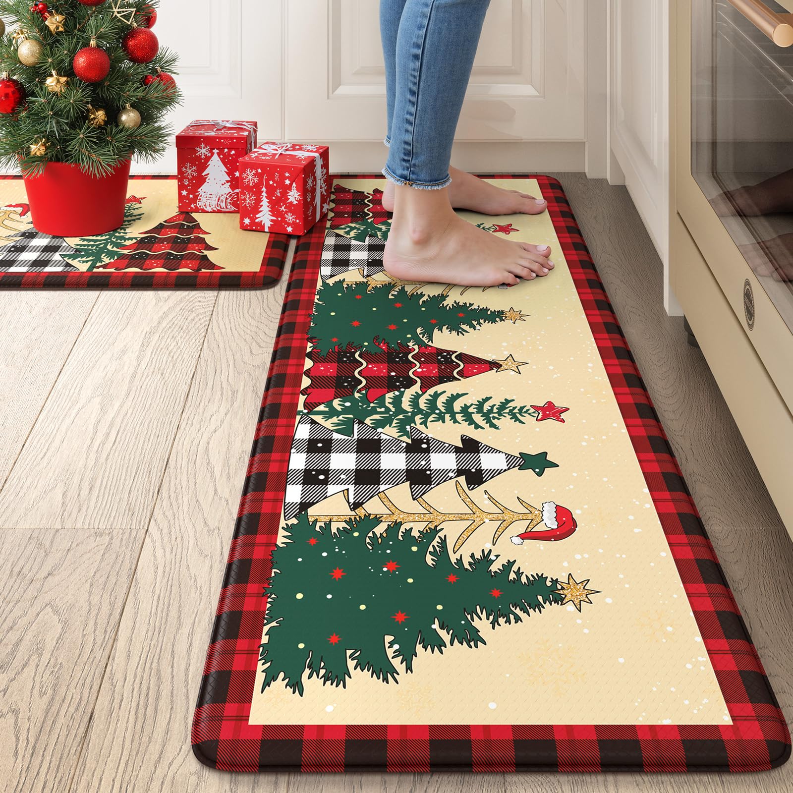 Merry Christmas Xmas Tree Kitchen Mat 2PCS, Anti-Fatigue Cushioned Waterproof Kitchen Mats for Floor Buffalo Plaid Kitchen Rug, 