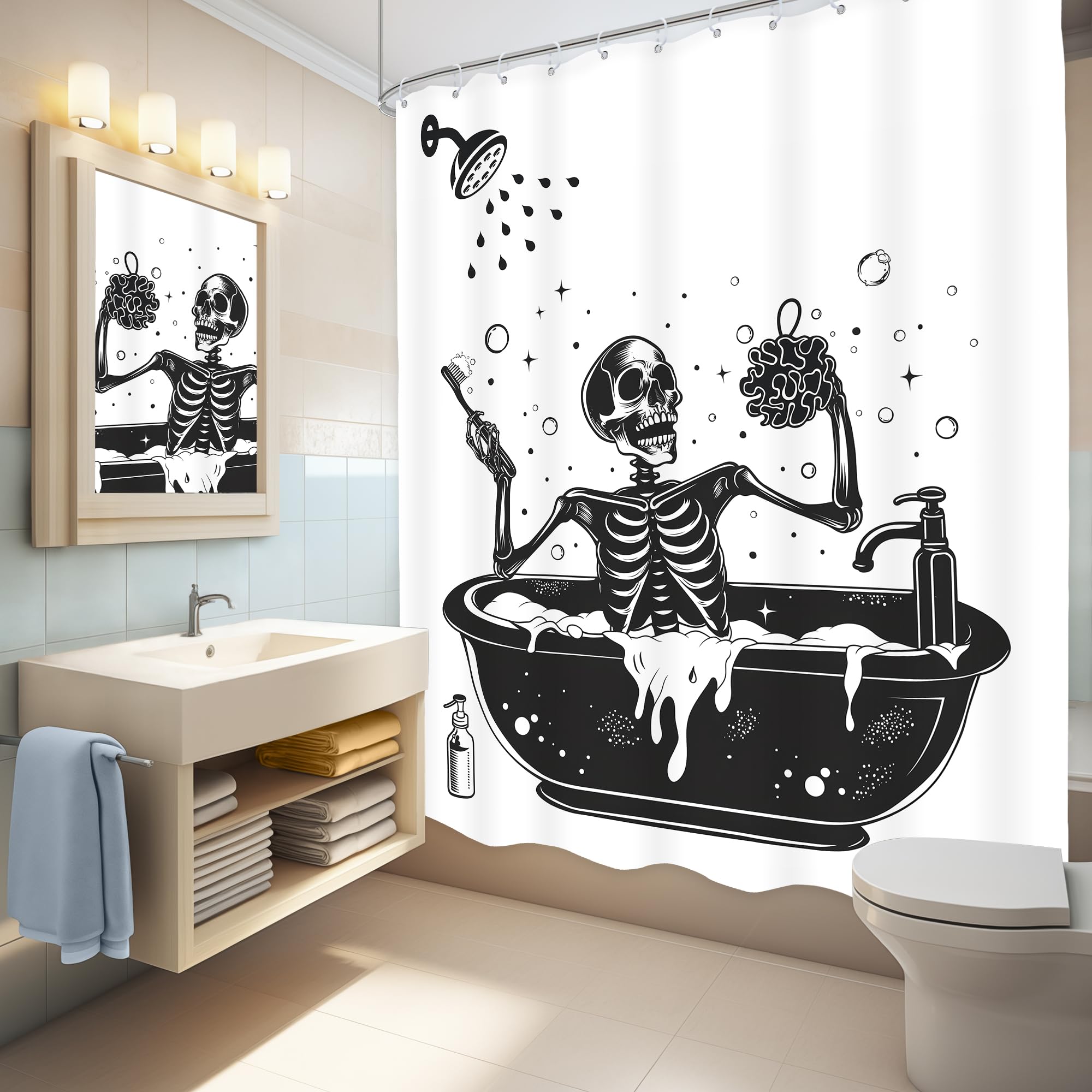 Lghtyro Funny Skull Shower Curtain Bathroom Set 60Wx71H Inches Black White Gothic Skeleton Bone Bathing In Bathtub Bubbles Spook