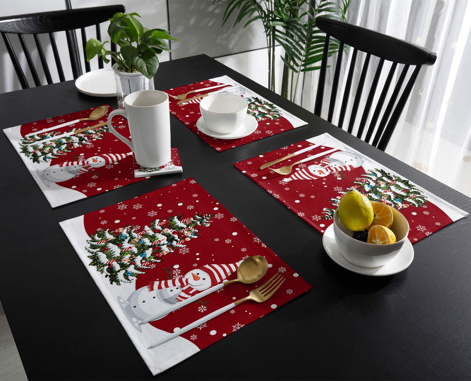 Christmas Placemats Set Of 4,Merry Christmas Snowman Snowflake Xmas Tree Heat-Resistant Placemats For Dining Table,Cotton Linen