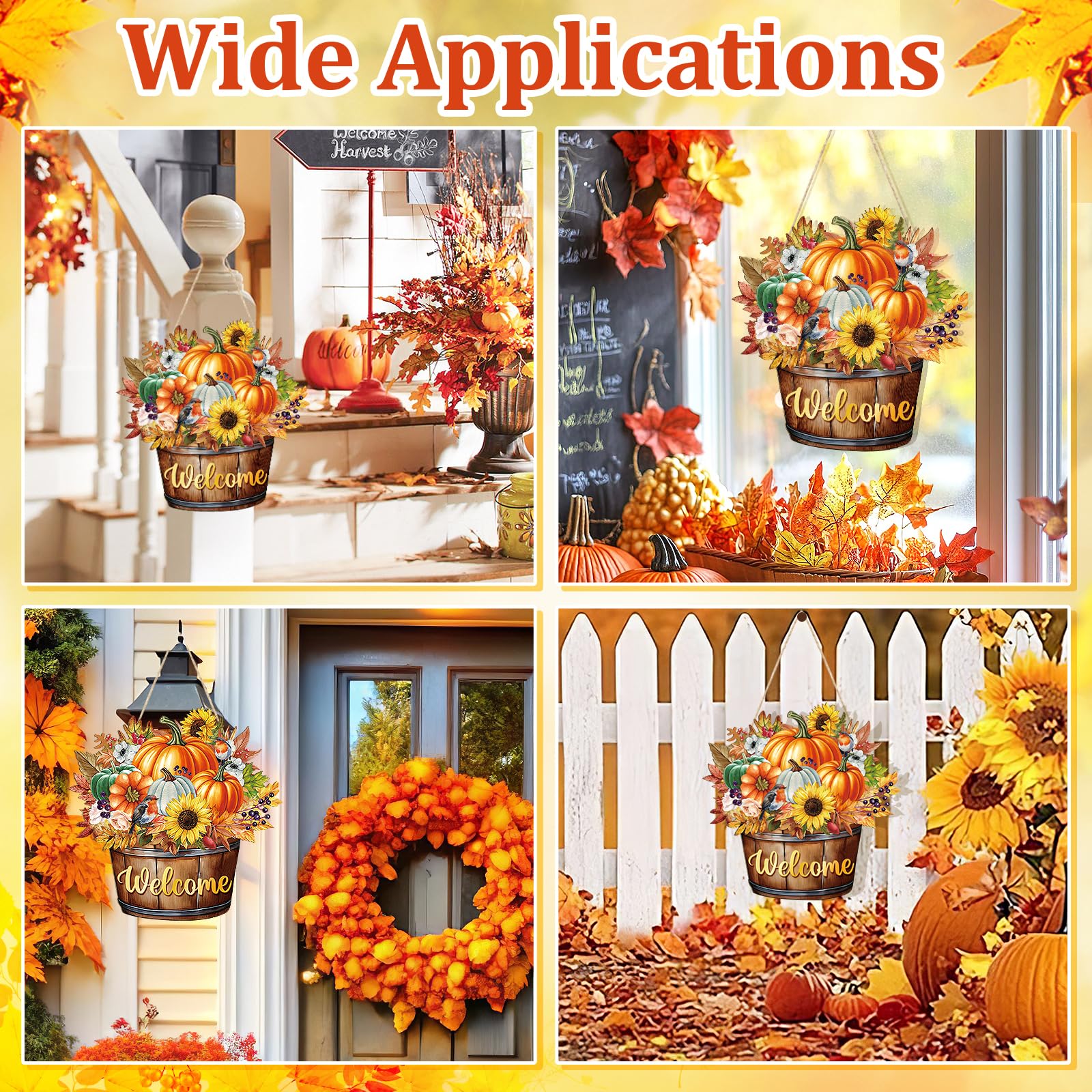 Fall Decoration Welcome Wreaths for Front Door, Wooden Hello Fall Pumpkin Thanksgiving Door Sign Ornament, Wood Mason Jars Maple
