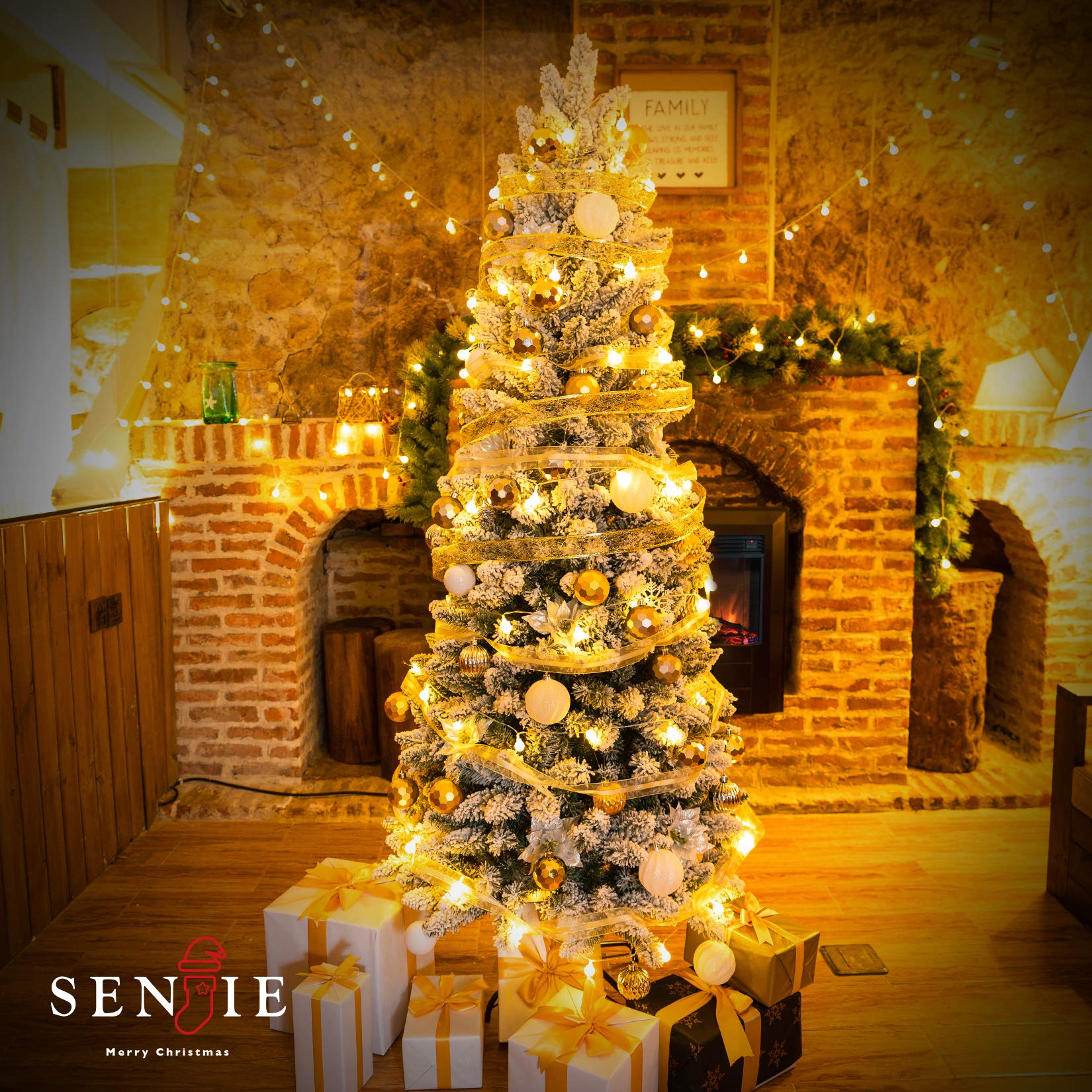 Senjie Prelit Snow Flocked Pencil Christmas Tree, Slim X-mas Tree with LED Lights,Folding Metal Stand, Perfect for Holiday Indoo