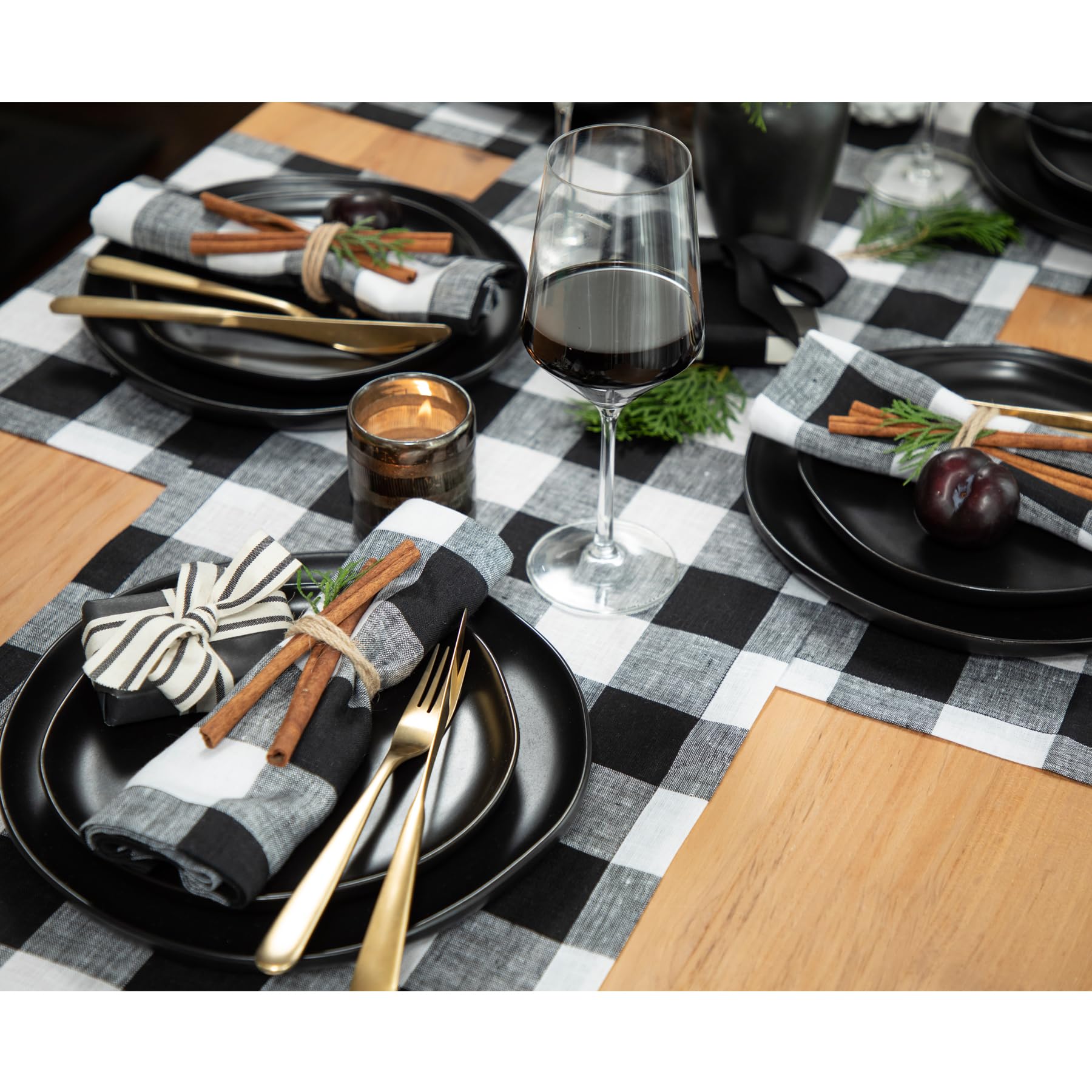 Solino Home Buffalo Check Linen Dinner Napkins 20 X 20 Inch - 100% Pure Linen Black And White Plaid Cloth Napkins Set Of 4 For S