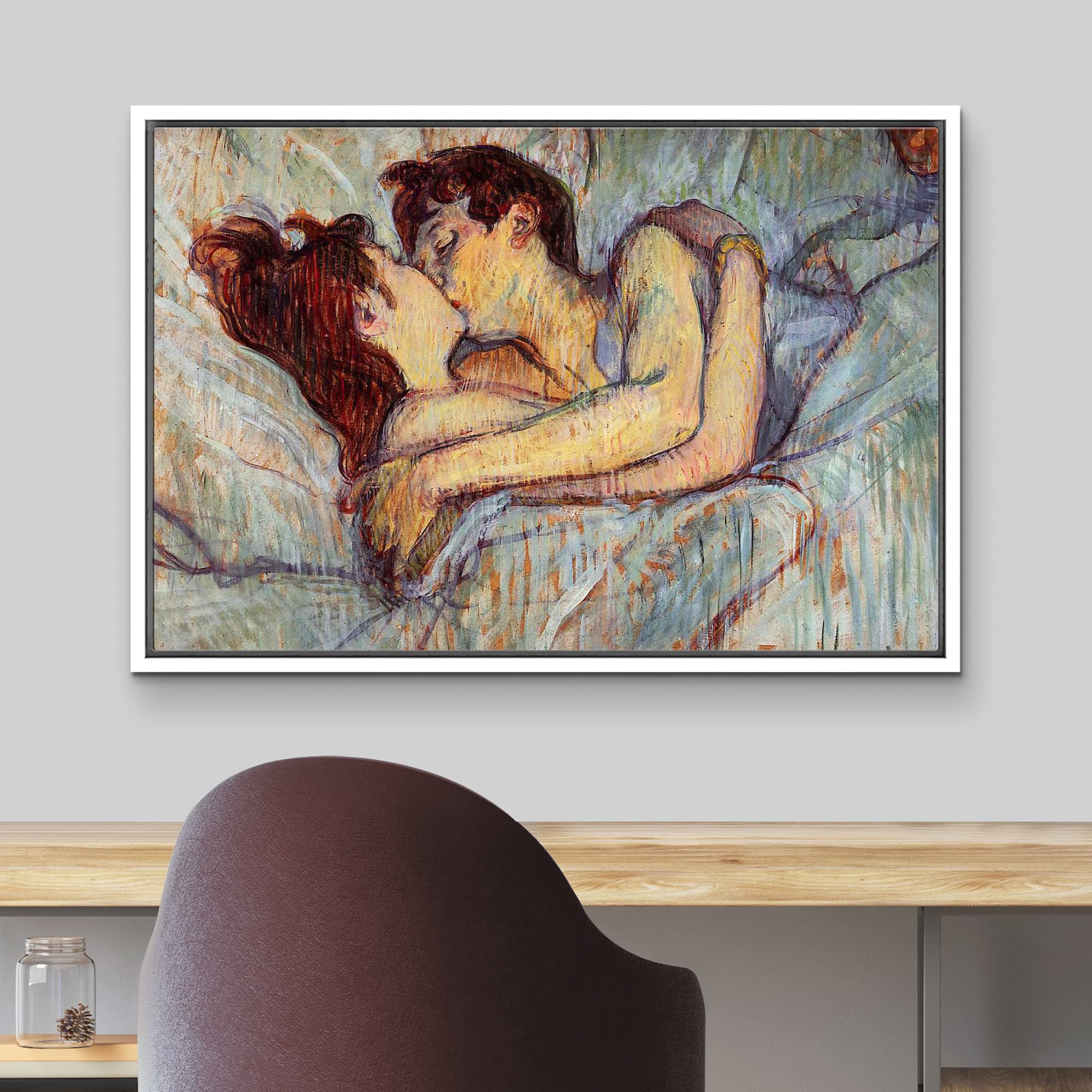 Wall26 - In Bed The Kiss By Henri De Toulouse-Lautrec - Framed Canvas Print Wall Art Famous Painting Reproduction - 24''X36'' Wh