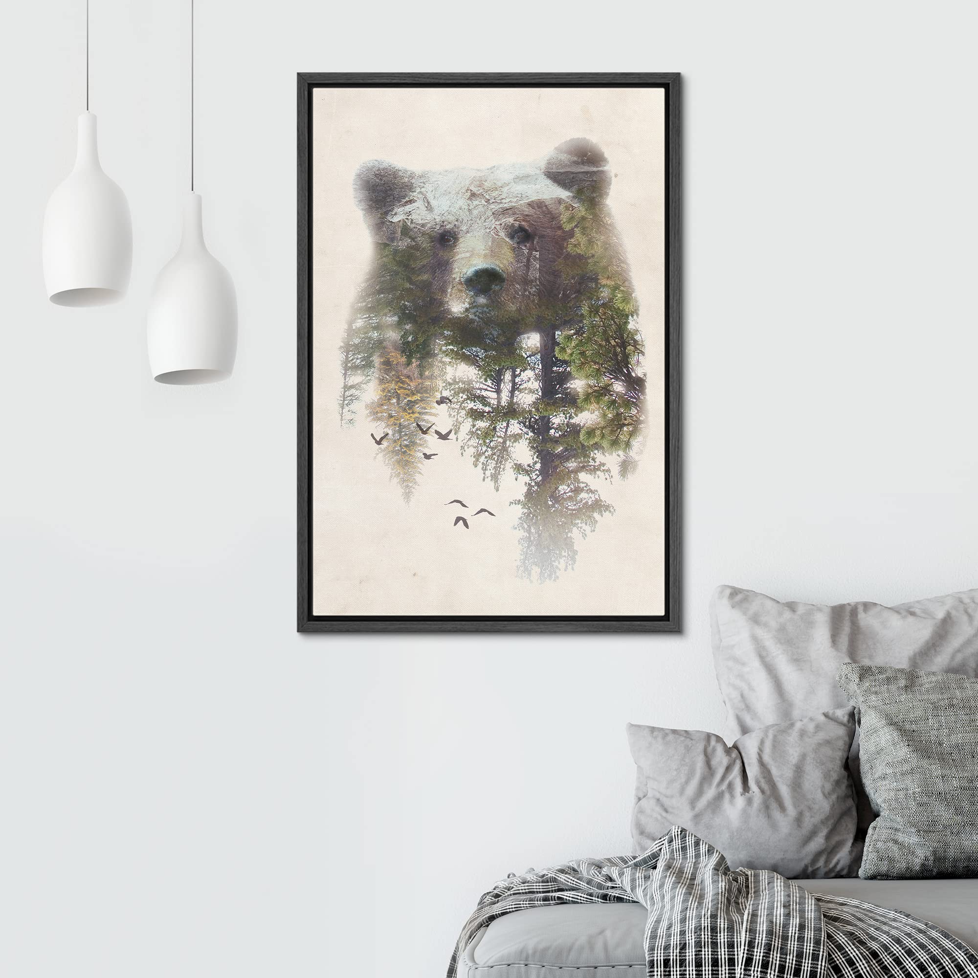 Signwin Framed Canvas Wall Art Bear And Spring Forest Double Exposure Photography Animals Wildlife Digital Art Modern Art Rustic