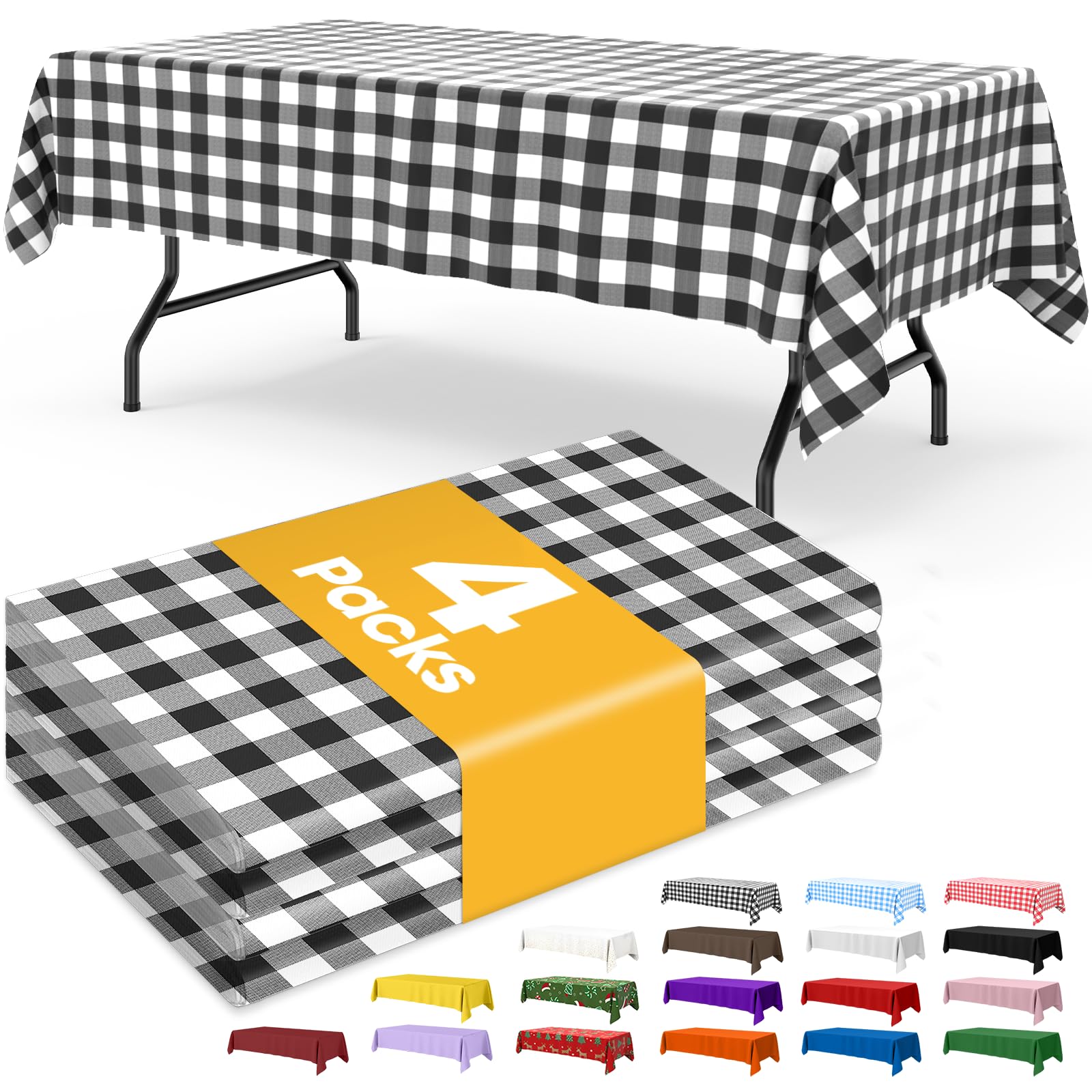 Niuara Black Checkered Plastic Table Cloth - 4 Pack 54    108 Rectangle Disposable Tablecloths for 6FT Tables, Waterproof Table 