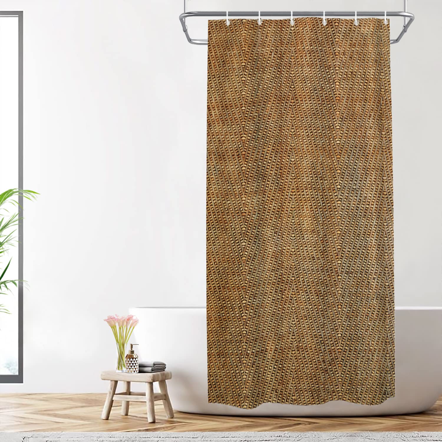 Shrahala Weave Wood Decorative Shower Curtain, Texture Bamboo Fabric Rattan Woven Organic Cane Bathroom D