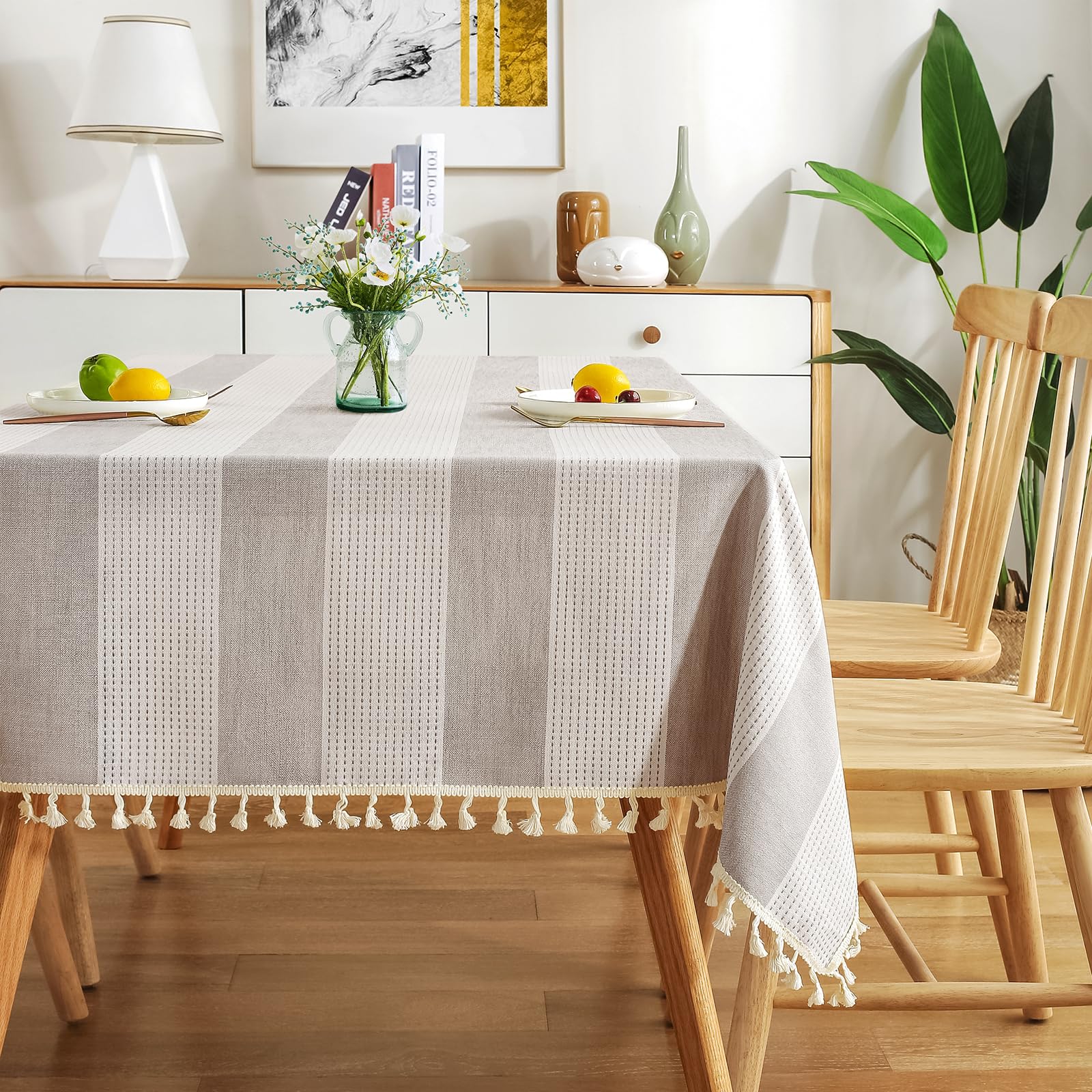 Amhoo Stitching Tassel Tablecloth Striped Table Cloth Rectangle Cotton Linen Dust-Proof Table Cover For Kitchen Dinning 54 X 120