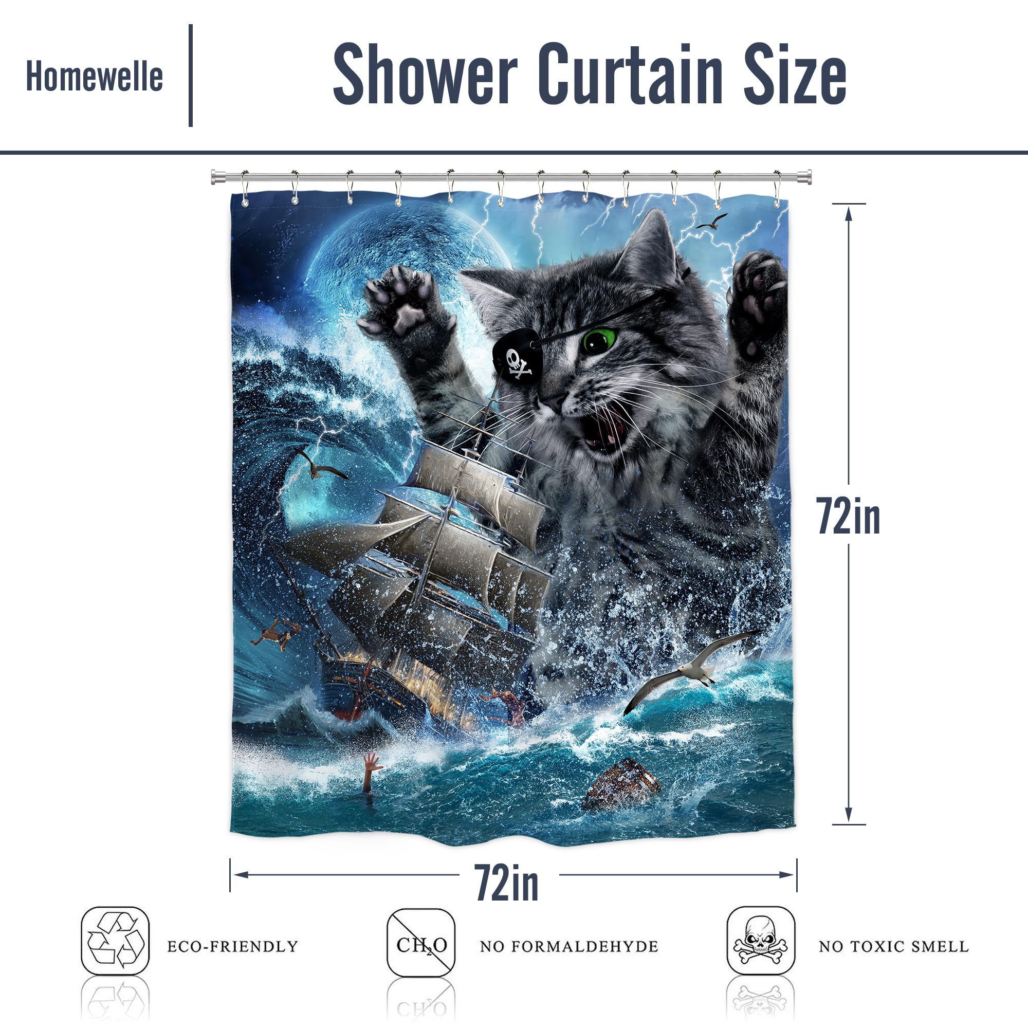 Homewelle Funny Cat Shower Curtain Pirate Ship Sea Ocean Waves Nautical Sailboat Moon Cool Animal Beach Seagull Cute For Kids Bo