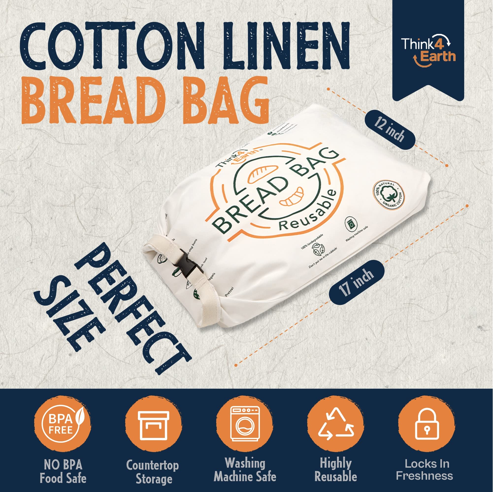 Think4Earth - Reusable Organic Cotton Bread Bag For Homemade Bread Large|Premium Quality Bread Bags-Unique Cotton Bags For Bread