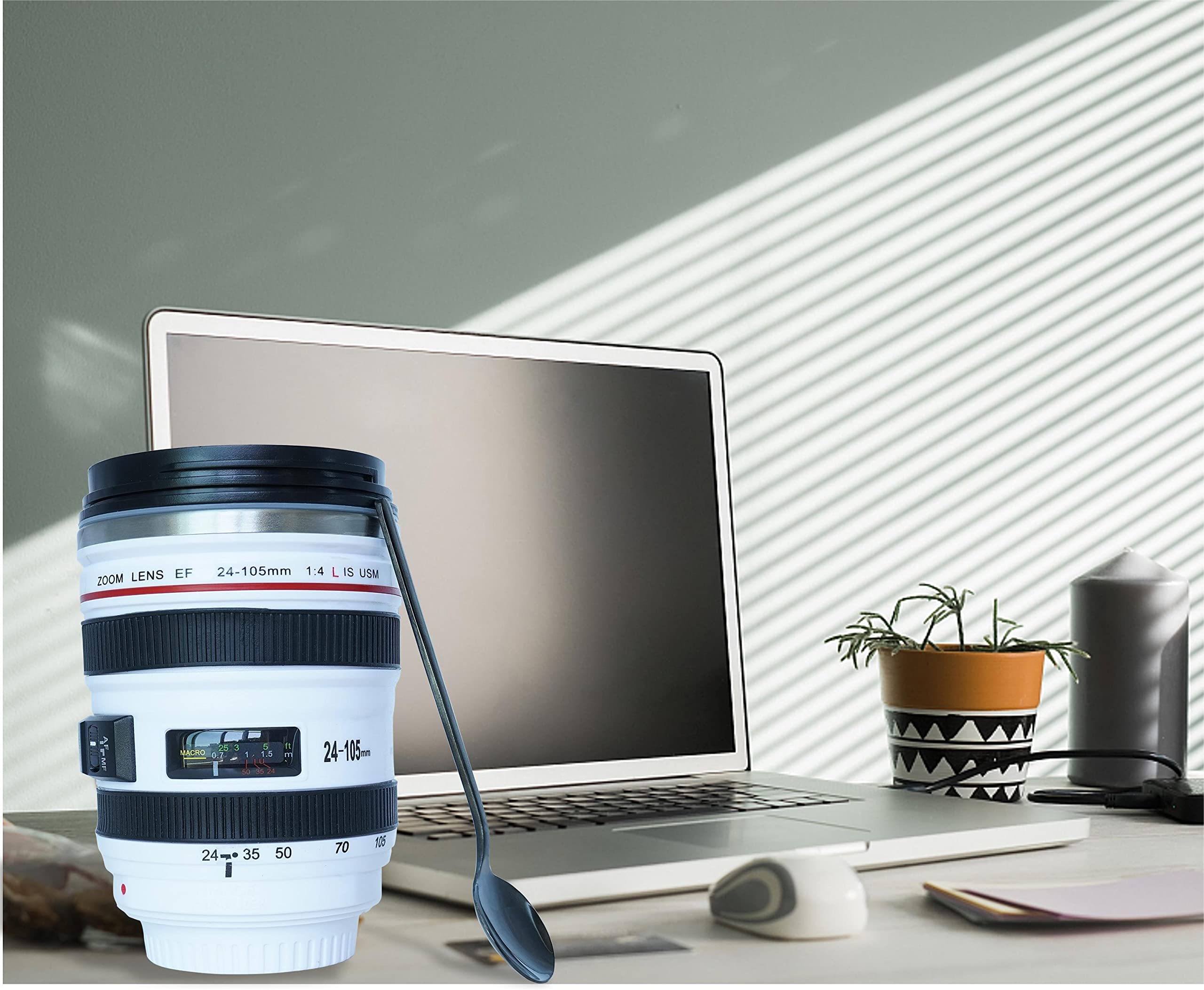 Phantaccy Camera Lens Coffee Mug - Leakproof 13.5Oz Sus-304 Stainless Steel Travel Mug With Spoon, Bpa-Free, Lid For Tea/Water/C